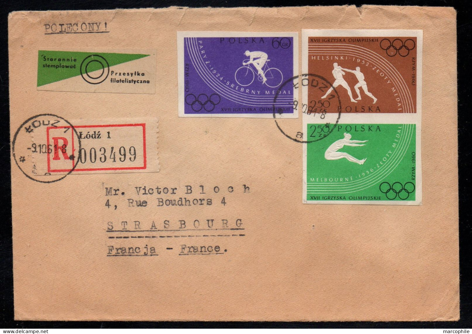 POLOGNE - POLSKA - LODZ - JEUX OLYMPIQUES / 1961 LETTRE RECOMMANDEE POUR STRASBOURG (ref LE3235) - Storia Postale