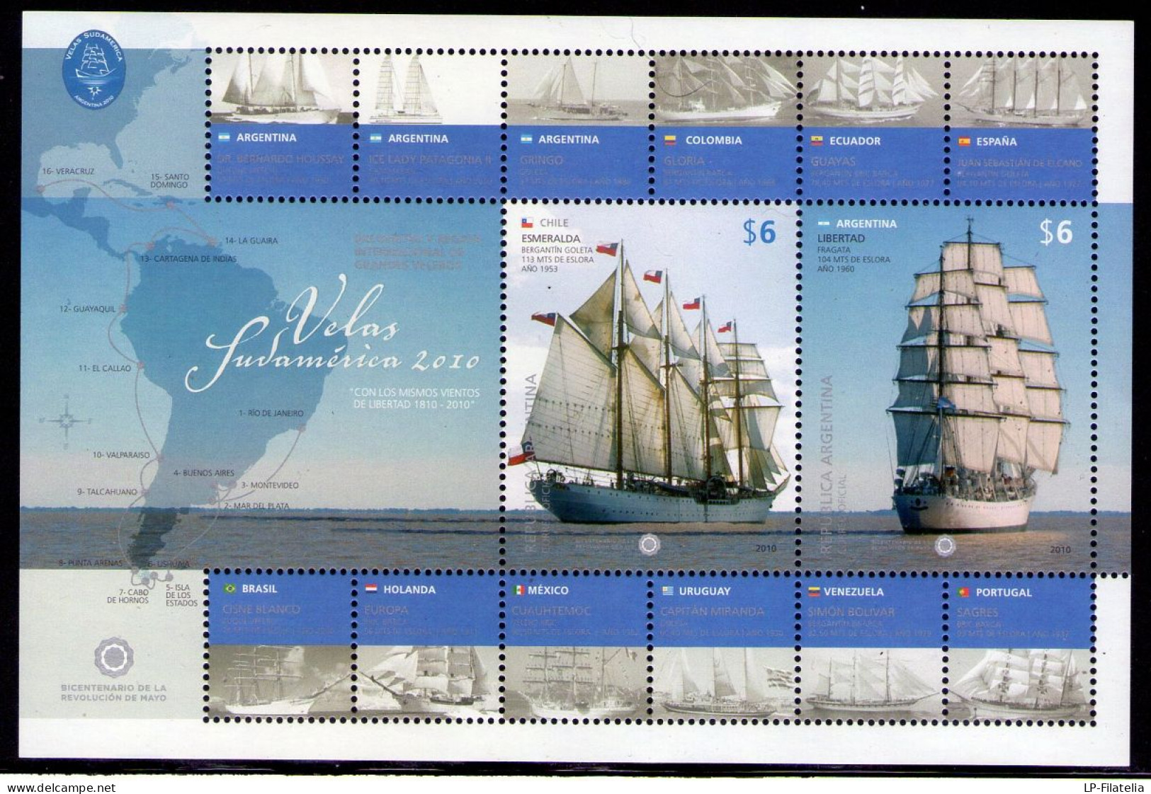 Argentina - 2010 - 1 Sheet + 5 Souvenir Sheets - International Large Sailboat Regatta "Velas Sudamerica 2010" - Unused Stamps