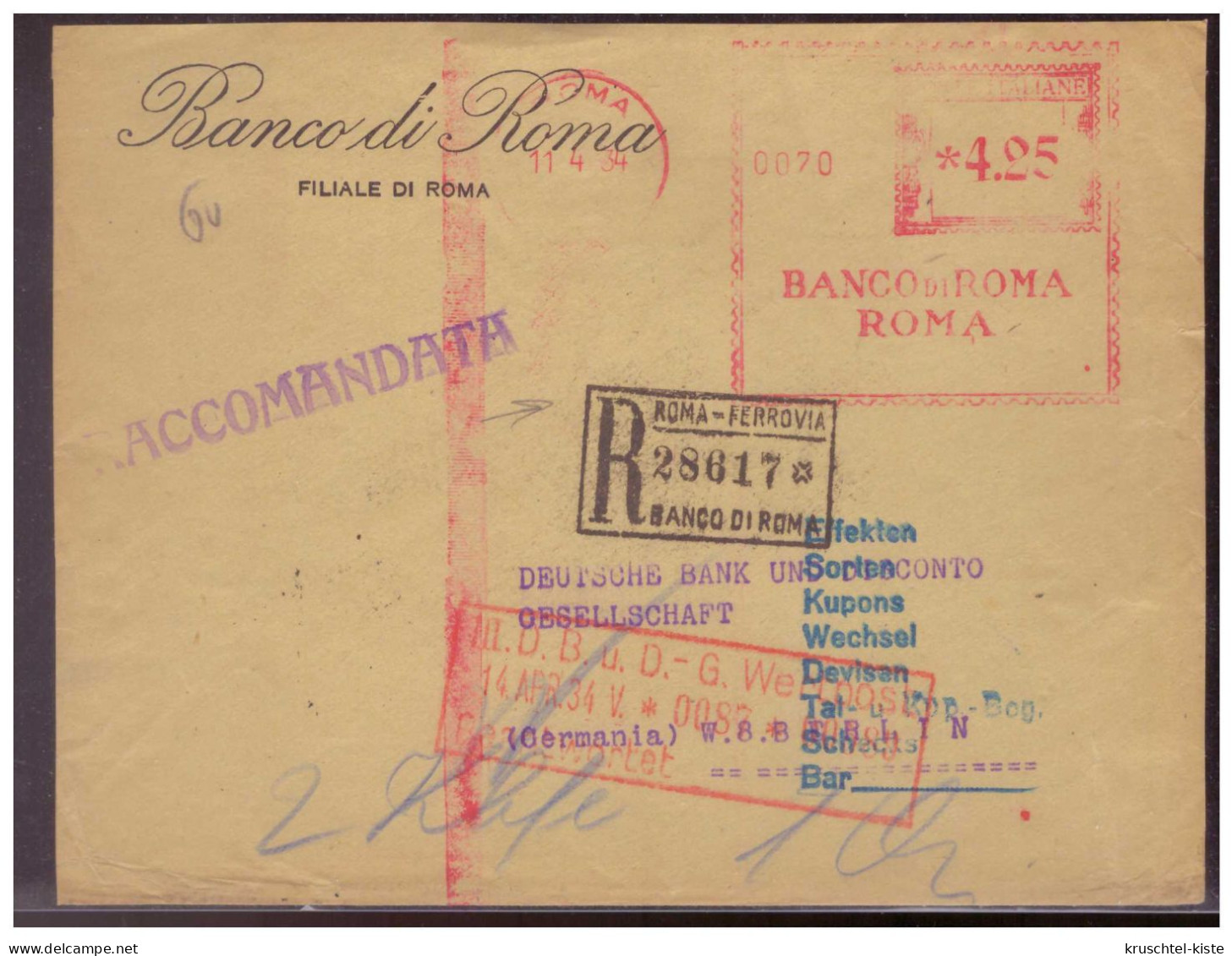 Italien (009081) Bankenbrief Banco Di Roma Gelaufen Mit Bahnpoststempel Nach Berlin Zur Deutschen Bank 1934 - Insured