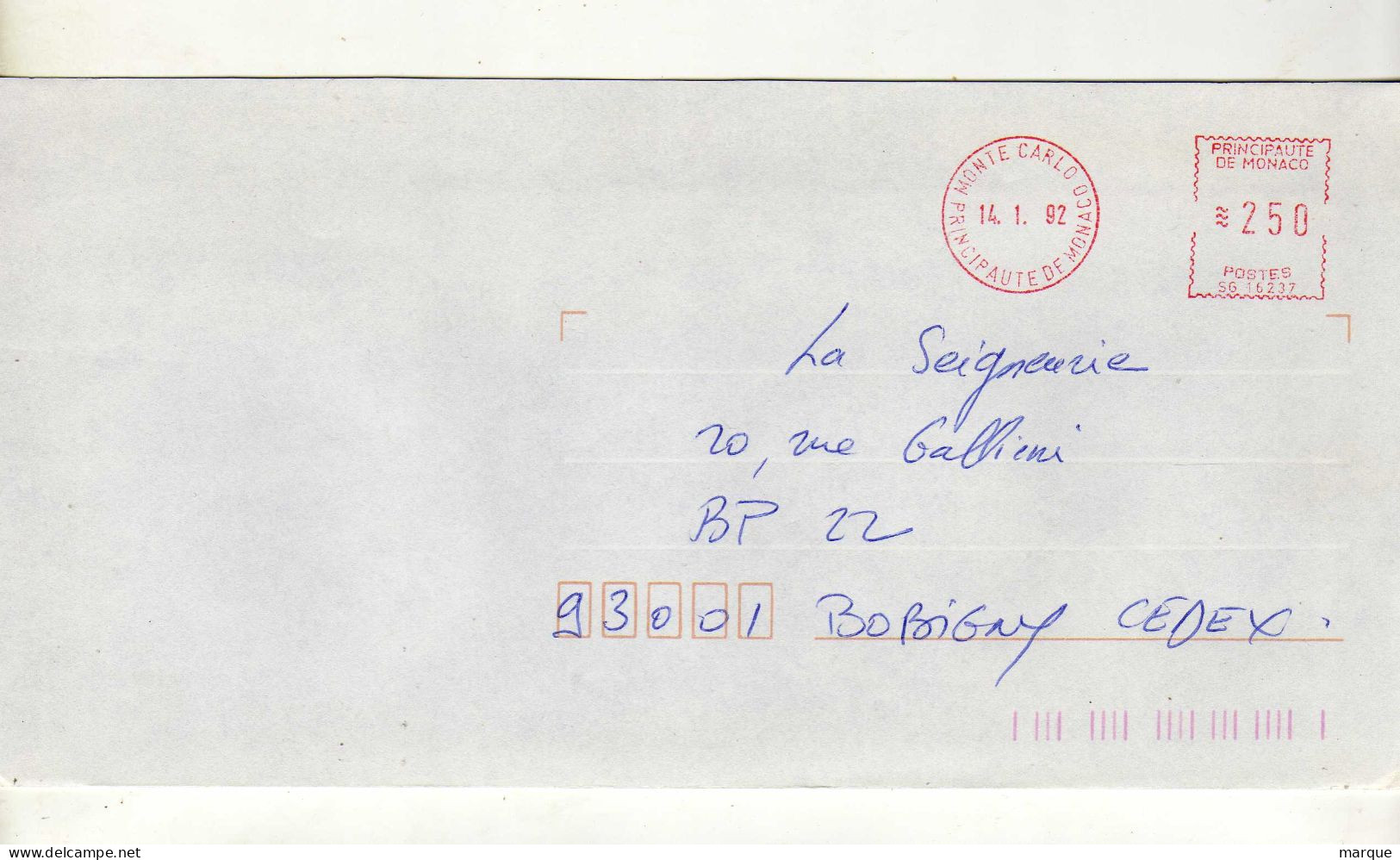 Enveloppe PRINCIPAUTE DE MONACO Oblitération E.M.A. MONTE CARLO 14/01/1992 - Maschinenstempel (EMA)