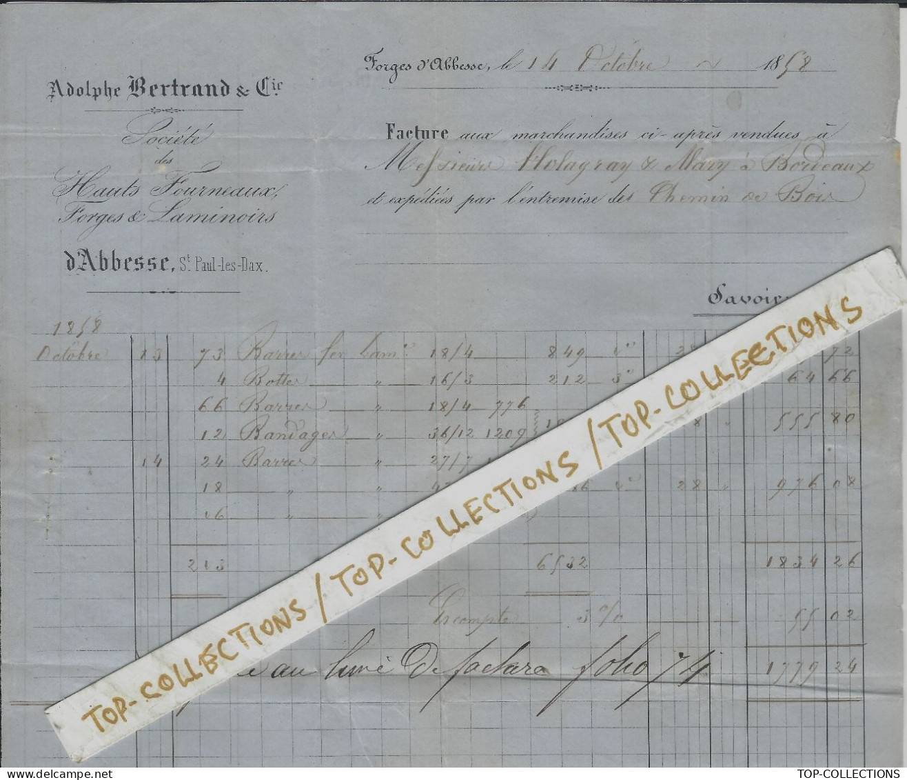 1858 ENTETE Adolphe Bertrand Hauts Fourneaux Forges Laminoirs Abbesse St Paul Les Dax Landes > Holagray Allary Bordeaux - 1800 – 1899