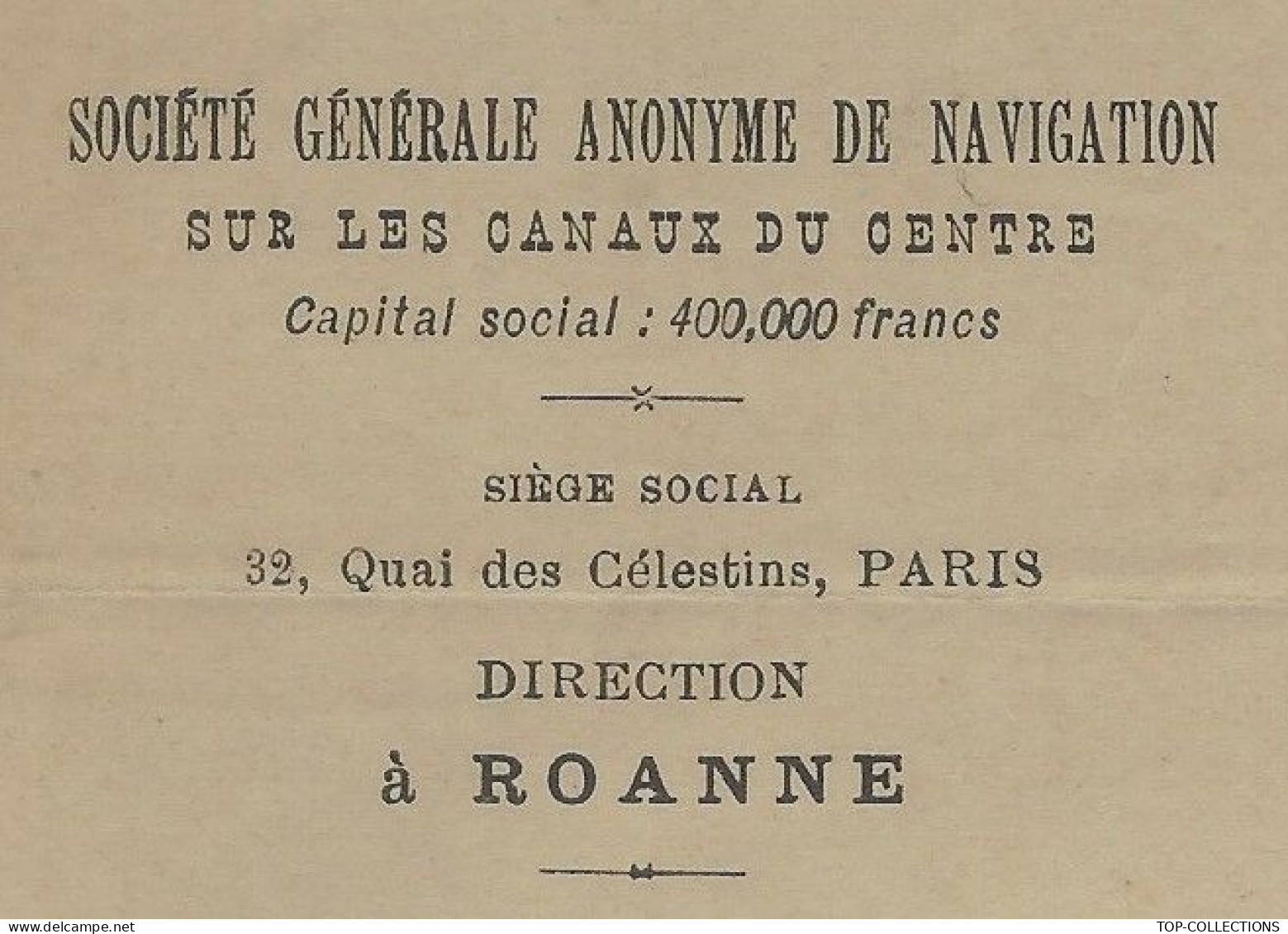 1888 SOCIETE GENERALE DE NAVIGATION Canaux Du Centre Roanne Loire ENTETE SIGN. CACHET COMMERCIAL  =>V.HIST. - 1800 – 1899