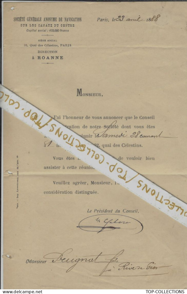 1888 SOCIETE GENERALE DE NAVIGATION Canaux Du Centre Roanne Loire ENTETE SIGN. CACHET COMMERCIAL  =>V.HIST. - 1800 – 1899