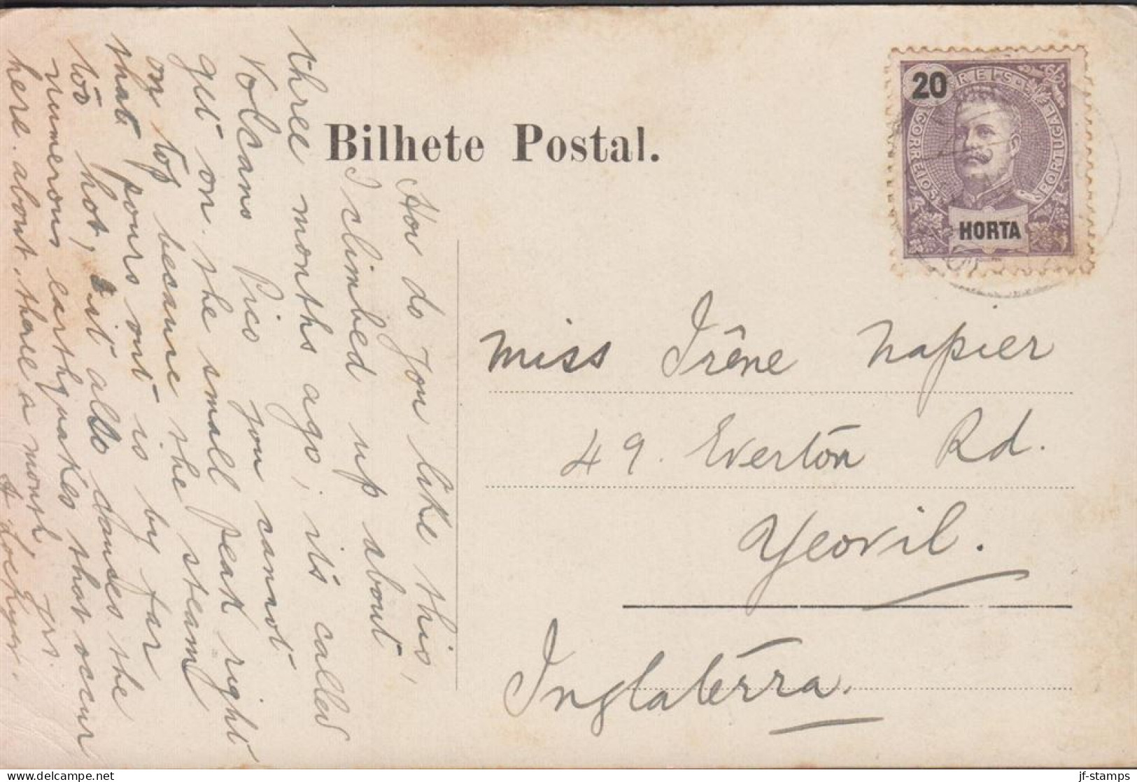 1909. HORTA. 20 REIS Carlos I On Postcard (Horta, Fayal, Acores. Vista Do Pico) To England.  (MICHEL 17) - JF442876 - Horta