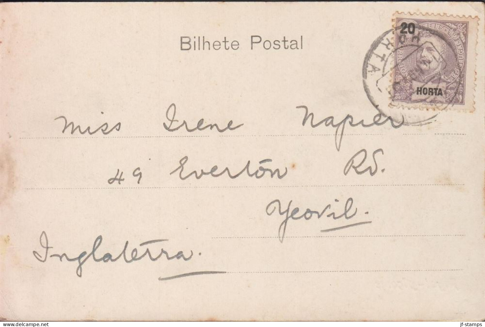 1904. HORTA. 20 REIS Carlos I On Postcard (Fayal, Acores. ) To England.  (MICHEL 17) - JF442879 - Horta