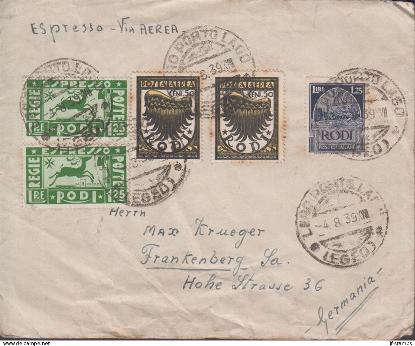 1939. RODI. Very Unusual Espresso  Via Aerea Cover To Frankenberg, Sa, Germany With 2 Ex 50 ... (Michel 173+) - JF443680 - Aegean (Rodi)