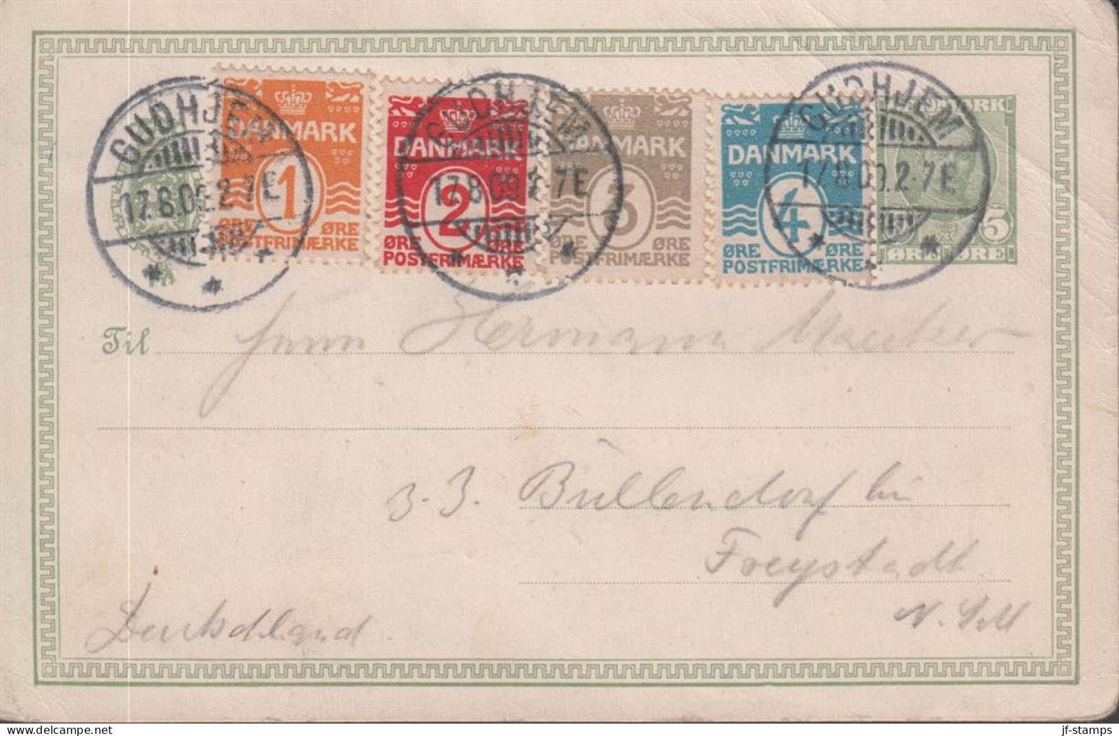 1911. DANMARK. BREVKORT 5 ØRE Frederik VIII Together With 1 + 2 + 3 + 4 RE Wavy Line To Ger... (Michel 42-45) - JF443705 - Briefe U. Dokumente