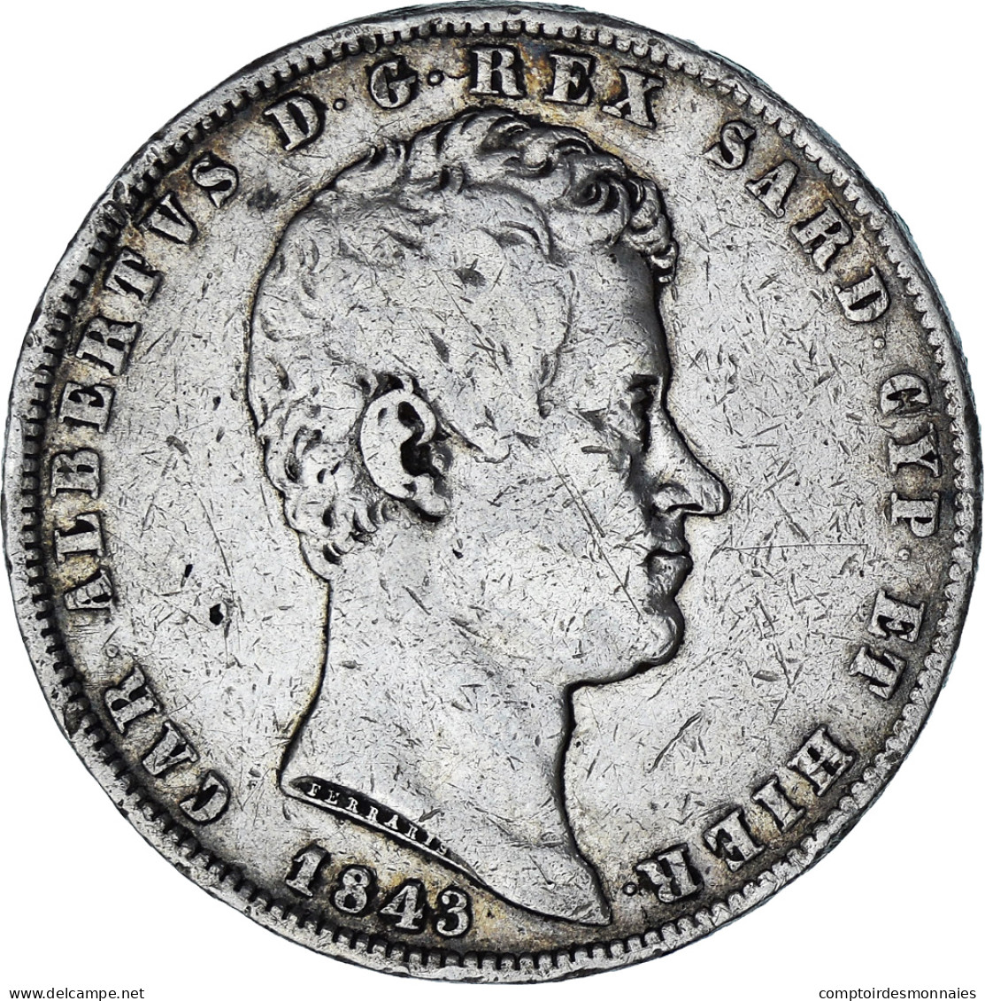 États Italiens, SARDINIA, Carlo Alberto, 5 Lire, 1843, Genoa, TB+, Argent - Piamonte-Sardaigne-Savoie Italiana