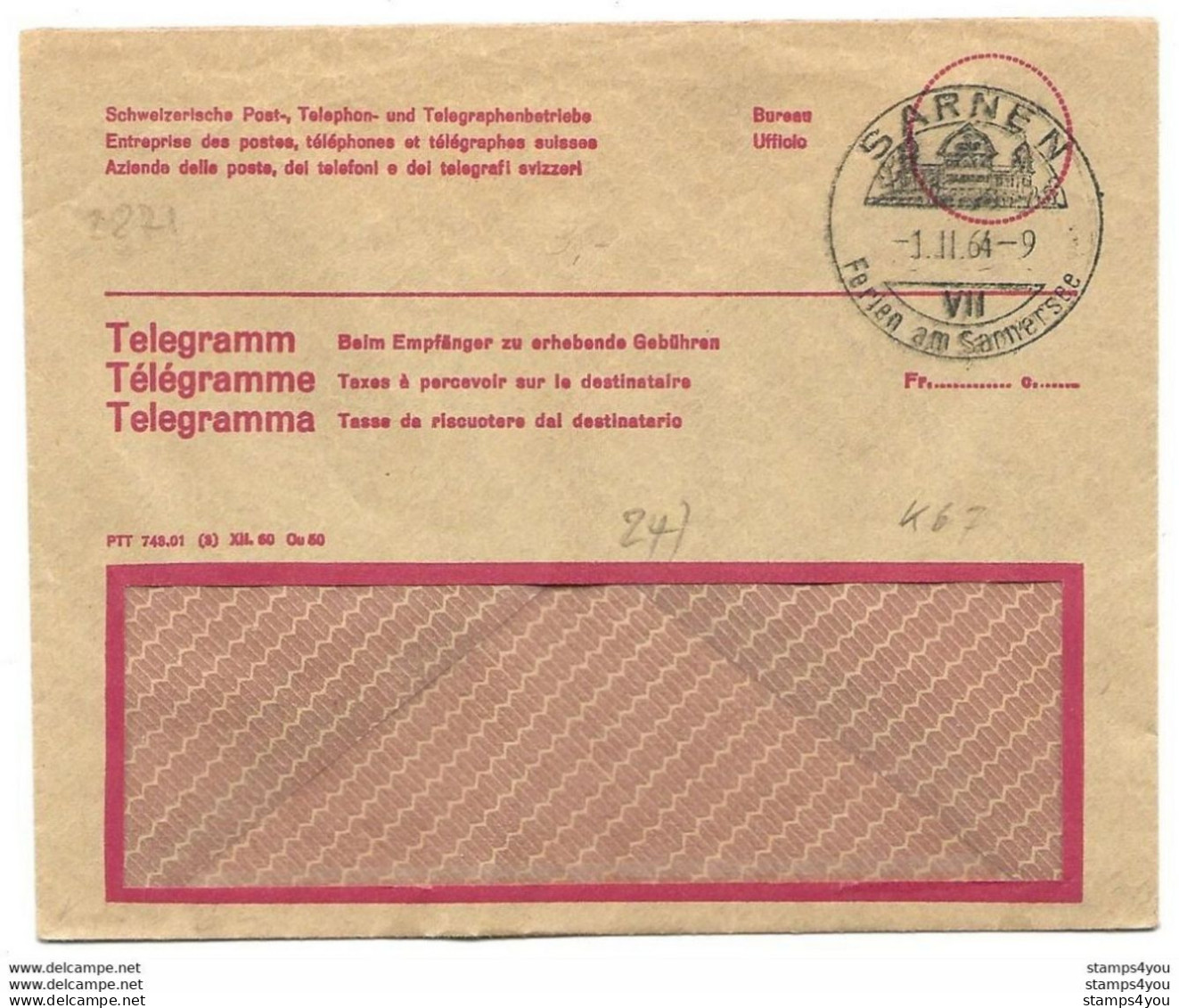 214 - 19 - Enveloppe "Télégramme" Avec Superbe Cachet Illustré Sarnen 1964 - Telegrafo