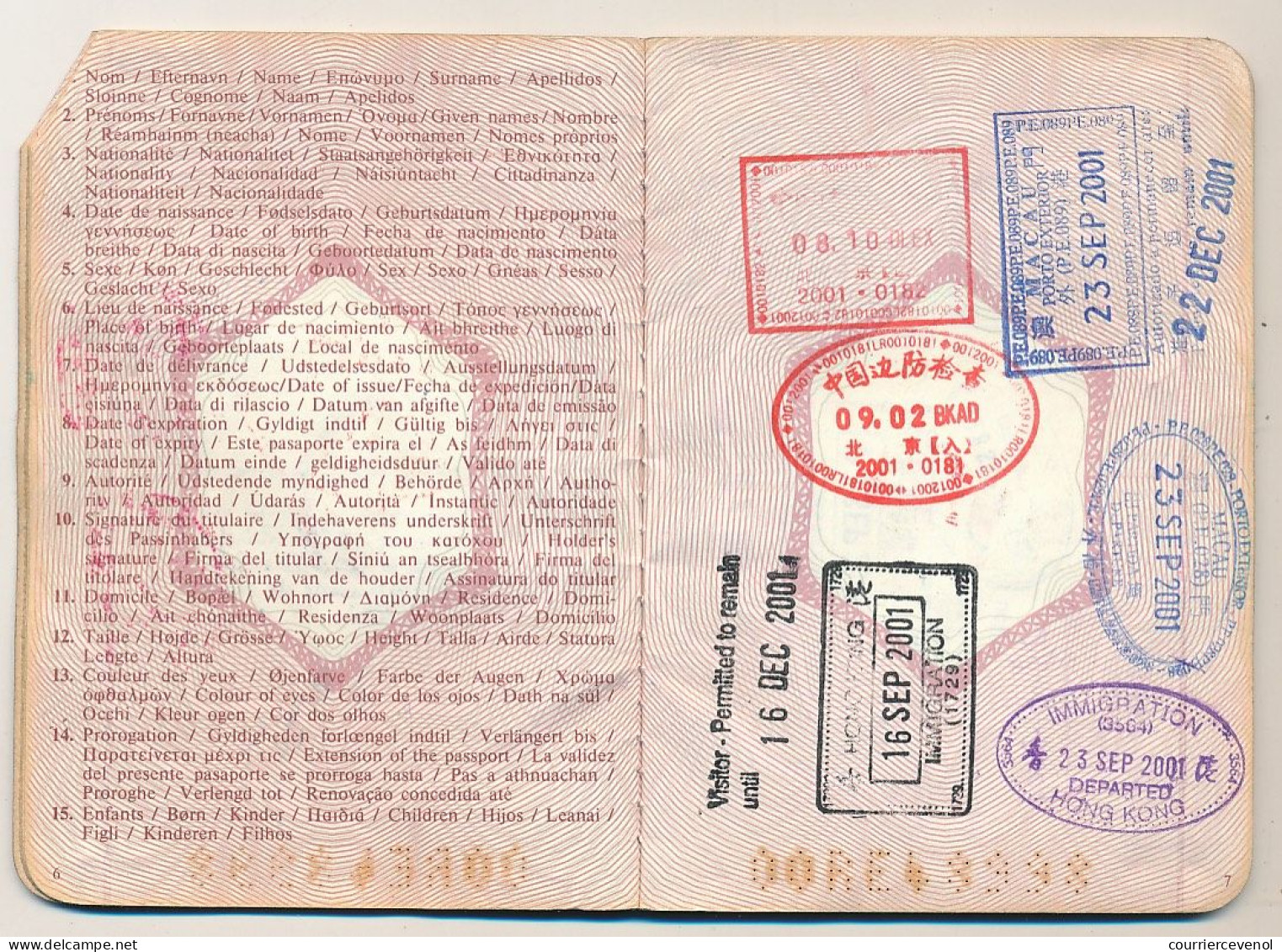 FRANCE / CHINE - Passeport Marseillais établi à Pékin - Fiscal Affaires Etrangères 1999 Ambassade Pékin - Visas +++ - Covers & Documents