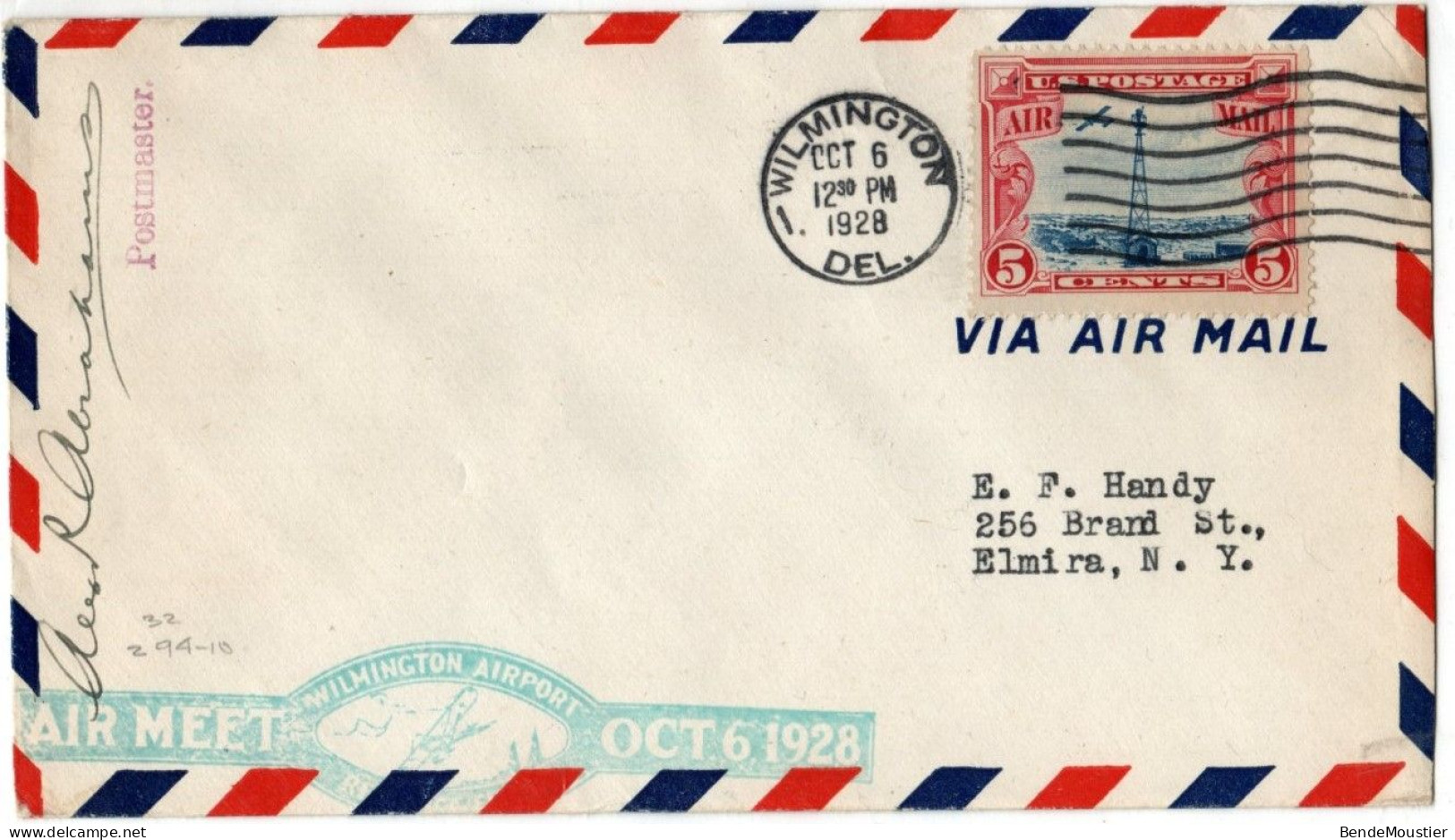 (R44b) USA  Scott # C 11 - Air Meet - Wilmington (Del) Air Port - Red Postmaster - Elmira (N.Y.) 1928. - 1c. 1918-1940 Covers