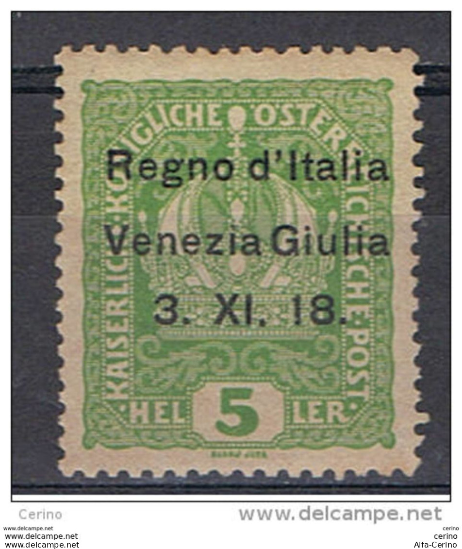 VENEZIA  GIULIA:  1918  SOPRASTAMPATO  -  5 H. VERDE  GIALLO  N. -  LONGHI  -  SASS. 2 - Venezia Giulia
