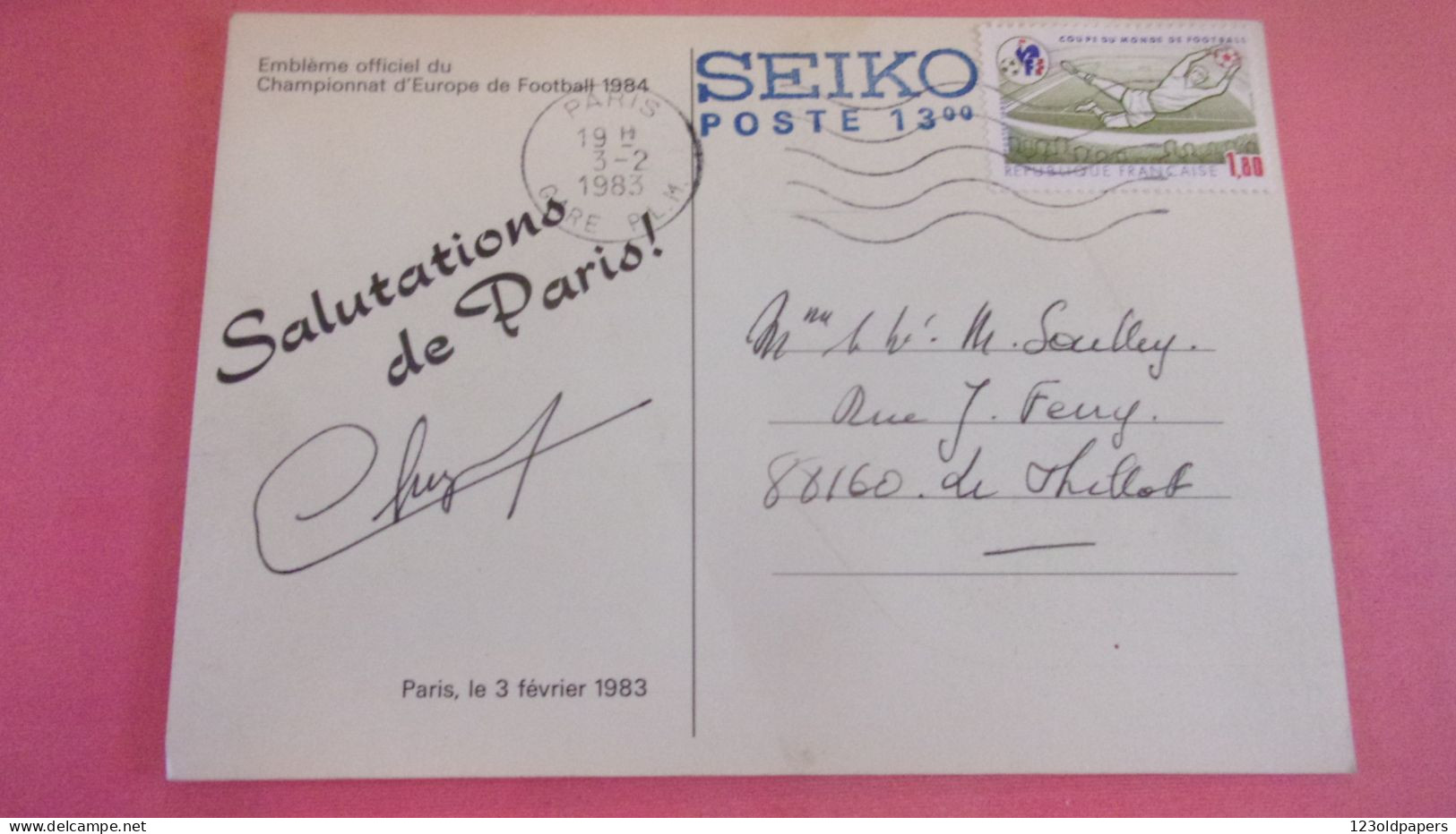 RARE VOYAGEE CP AUTOCOLLANT UEFA 1984  SALUTATIONS DE PARIS GARE PLM  3 FEVRIER FOOTBALL SEIKO POSTE - Europees Kampioenschap (UEFA)