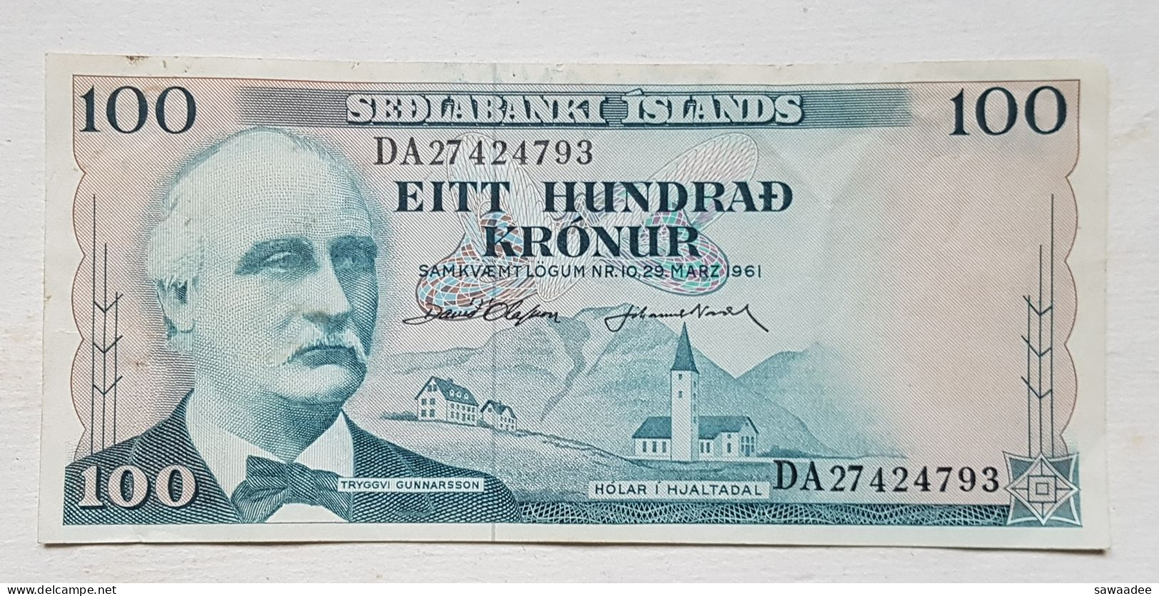 BILLET DE BANQUE - ISLANDE - P.44 -100 KRONUR - 1961 - PORTRAIT DE GUNNARSSON - MOUTONS - EGLISE - VOLCAN - Iceland