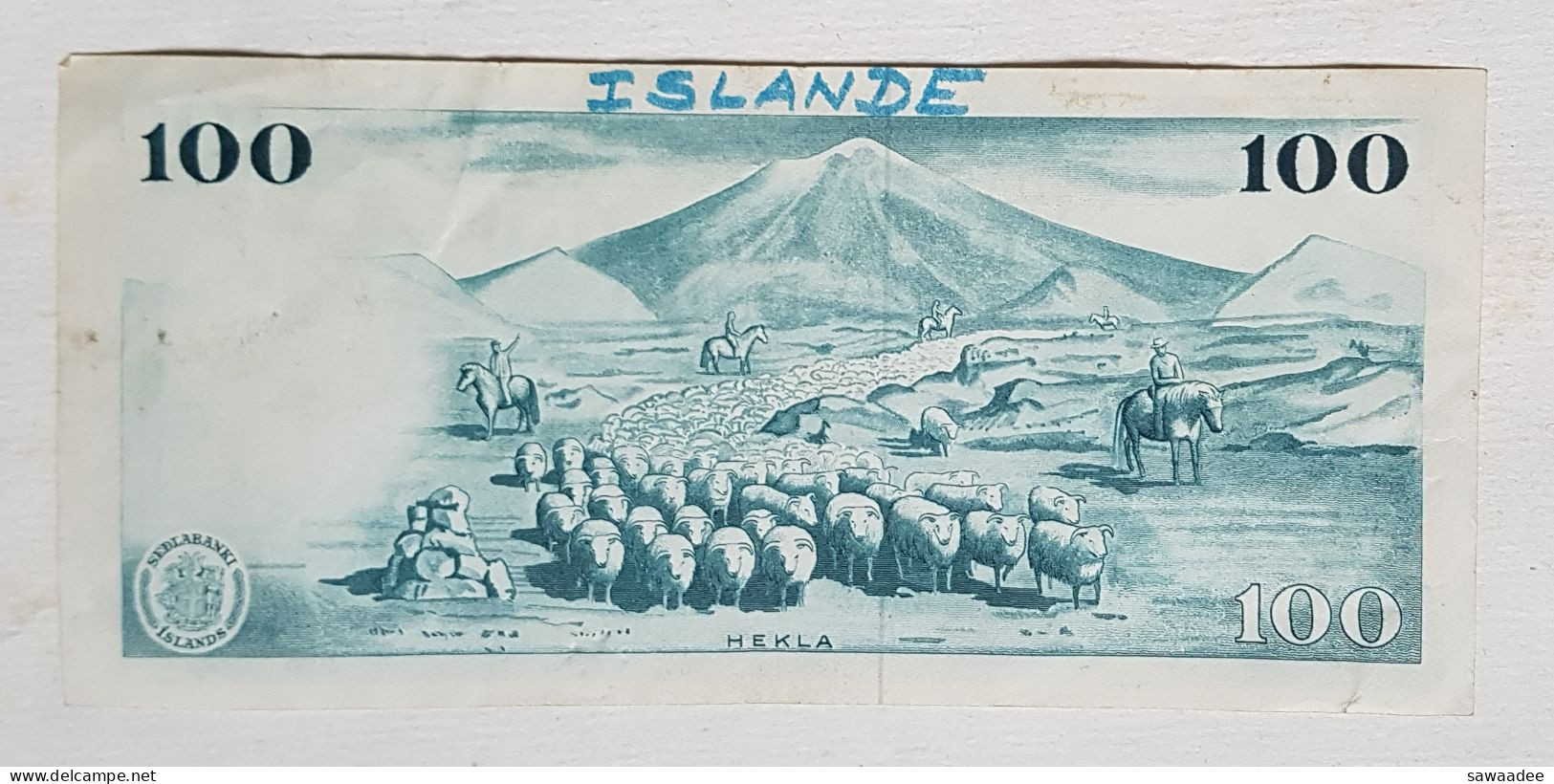 BILLET DE BANQUE - ISLANDE - P.44 -100 KRONUR - 1961 - PORTRAIT DE GUNNARSSON - MOUTONS - EGLISE - VOLCAN - Island