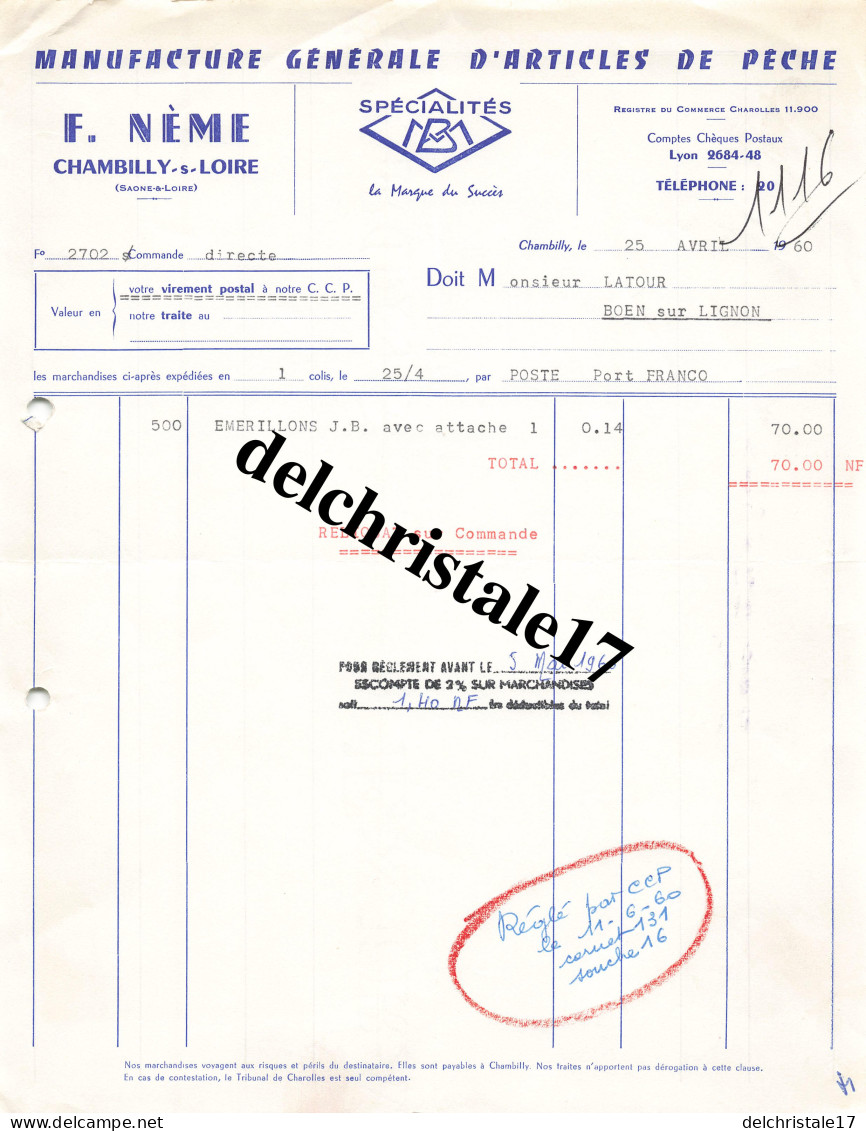 71 0142 CHAMBILLY SAÔNE LOIRE 1962 Manufacture Articles De Pêche F. NÈME Émerillons J.B  à M. LATOUR - Fischerei