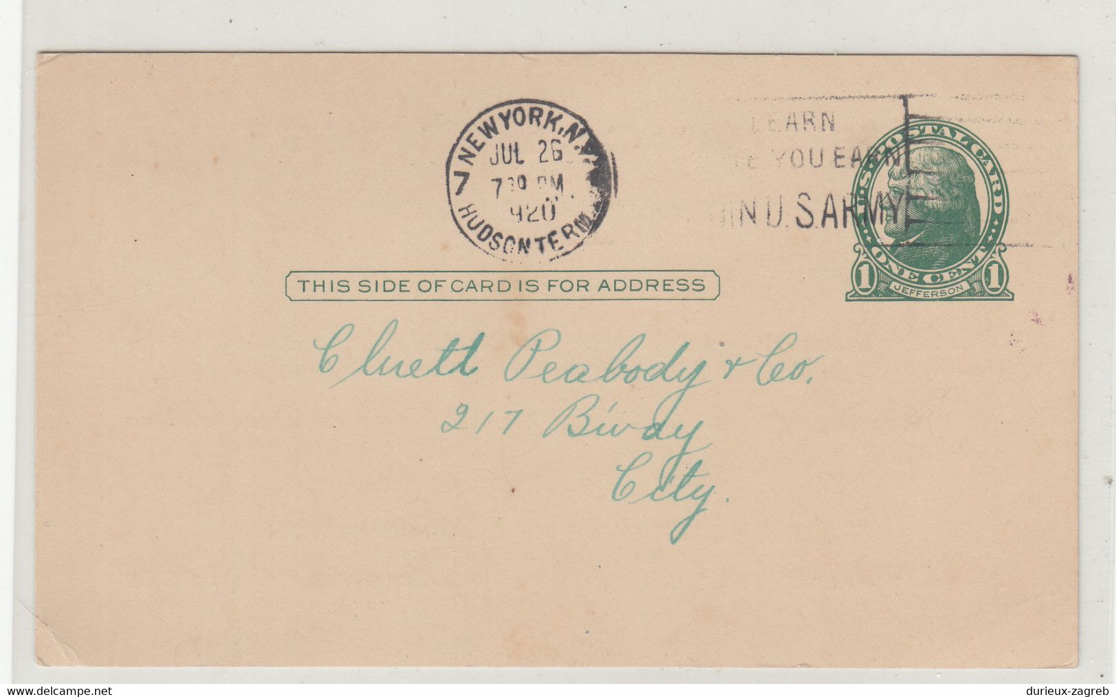 US Army Slogan Pmk On Tropical Lines Pre-printed Postal Stationery Postcard Posted 1920 New York Pmk B230820 - 1901-20