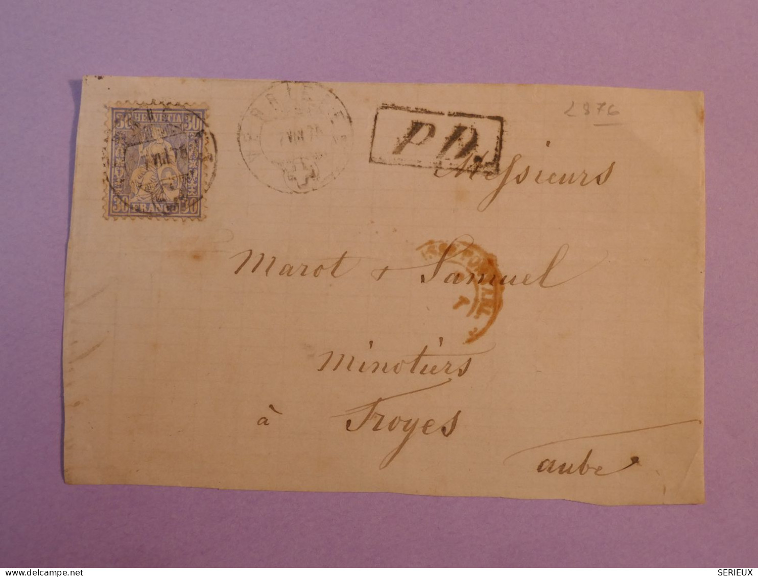 DB4 SUISSE LETTRE DEVANT EN PORT DU  1878  + VERRIERES    +AFF. INTERESSANT++ - Cartas & Documentos