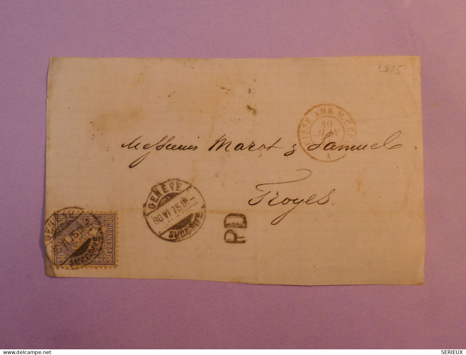 DB4 SUISSE LETTRE DEVANT EN PORT DU 1875 GENEVE  + +AFF. INTERESSANT++ - Lettres & Documents