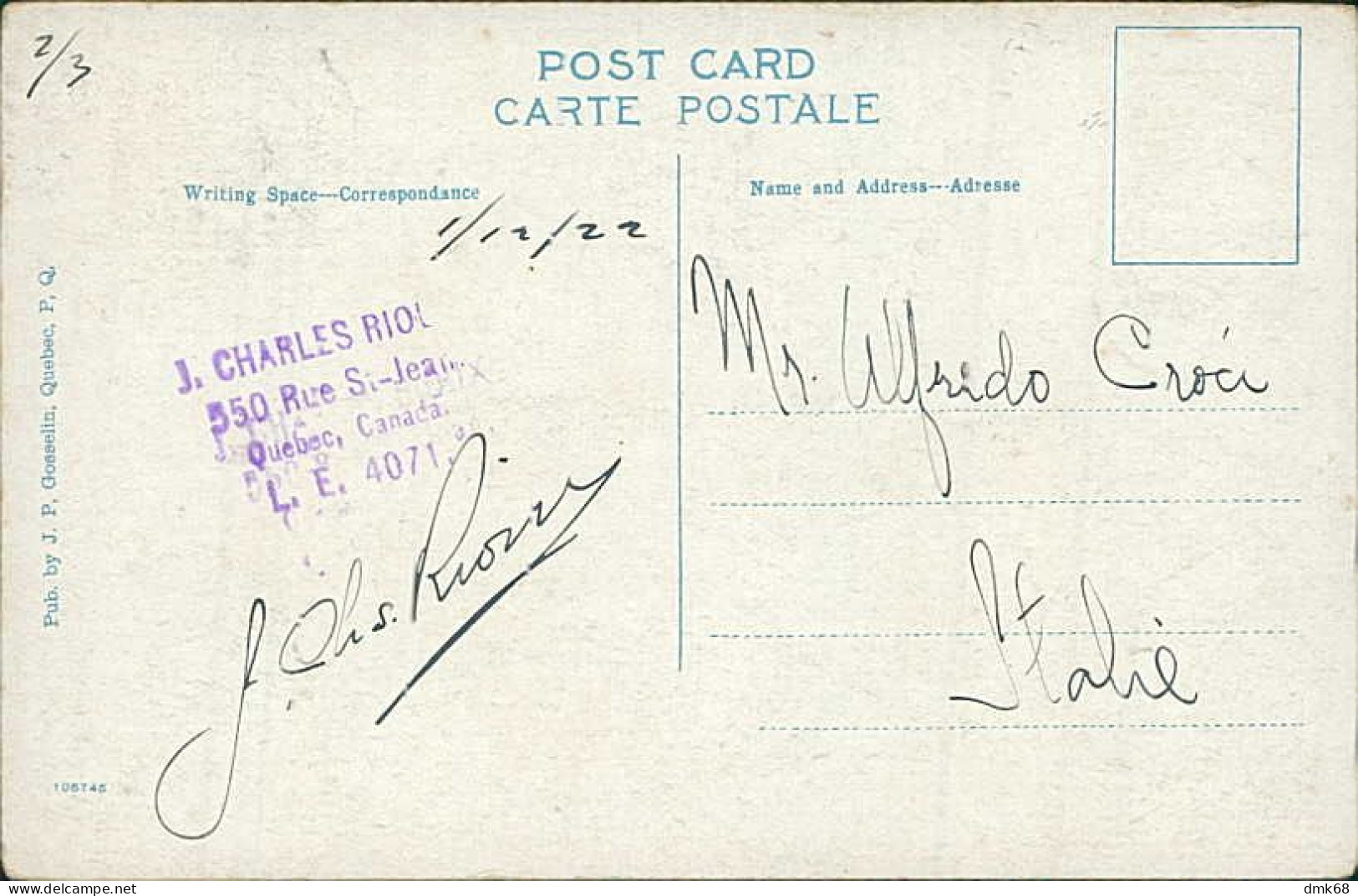 CANADA - LE CITADELLE - PUB. BY J.P. GOSSELIN - MAILED - 1920s (16517) - Québec - La Citadelle