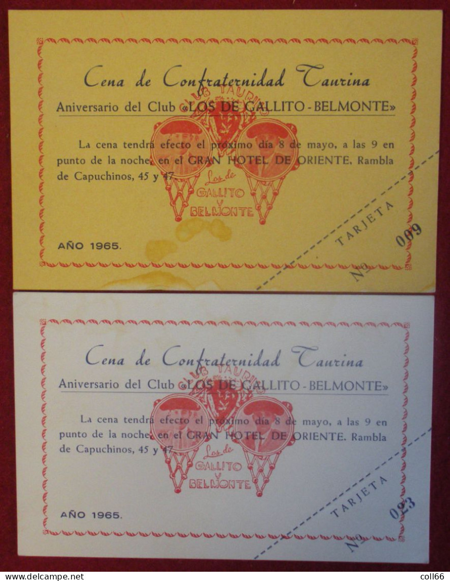 1965 Lot 2 Cartons Invitation Cena De Confraternidad Taurina Anniversario Club Los De Gallito-Belmonte - Spanien