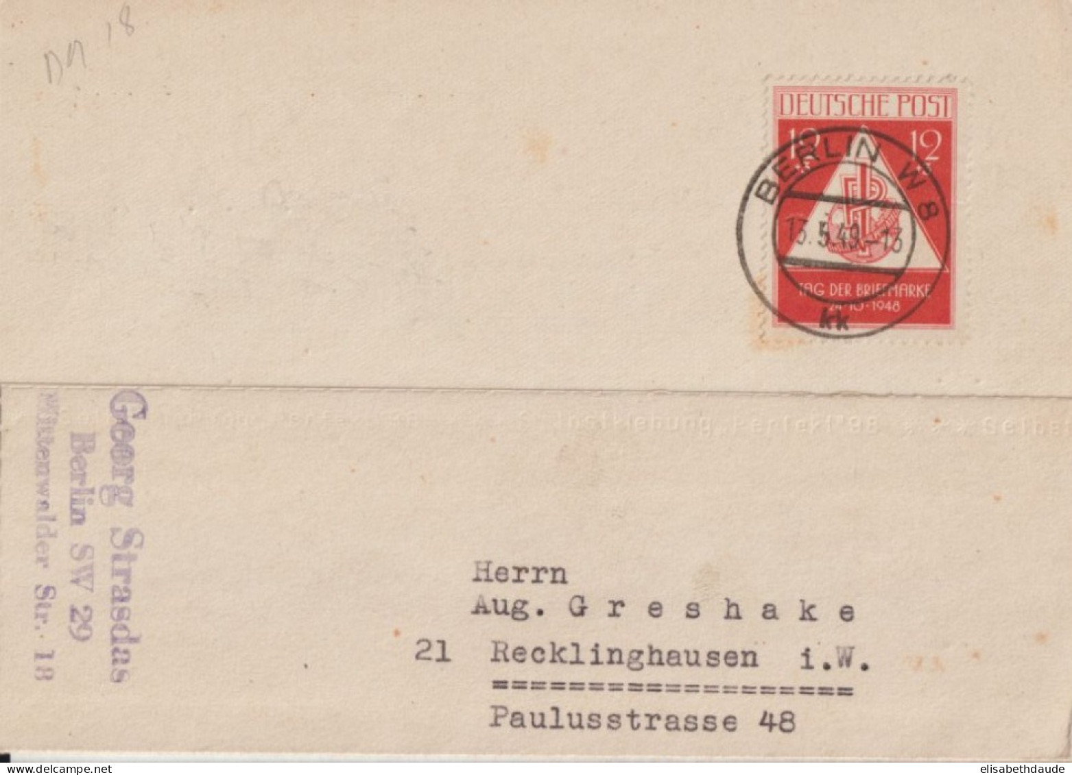 ZONE SOVIETIQUE - 1948 - CARTE De BERLIN => RECKLINGHAUSEN - Covers & Documents