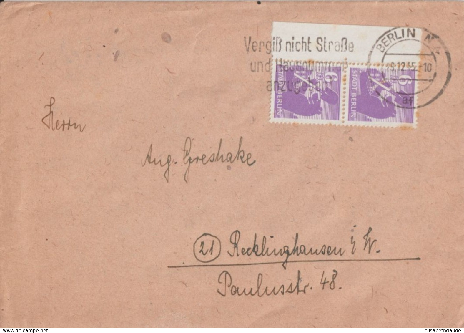 ZONE SOVIETIQUE - 1945 - ENVELOPPE De BERLIN => RECKLINGHAUSEN - Berlín & Brandenburgo