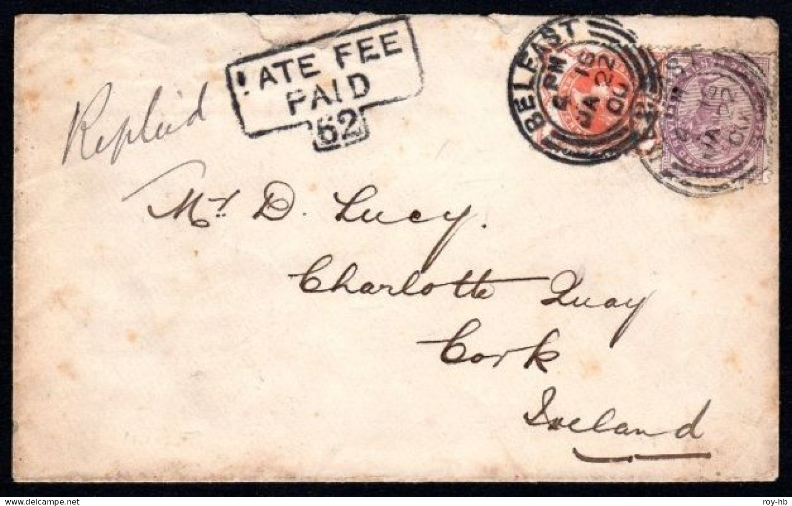 1900 Cover From Belfast To Cork With Exceptional Strike Of The Rare Boxed T-shape LATE FEE / PAID / 62 Of Belfast - Vorphilatelie