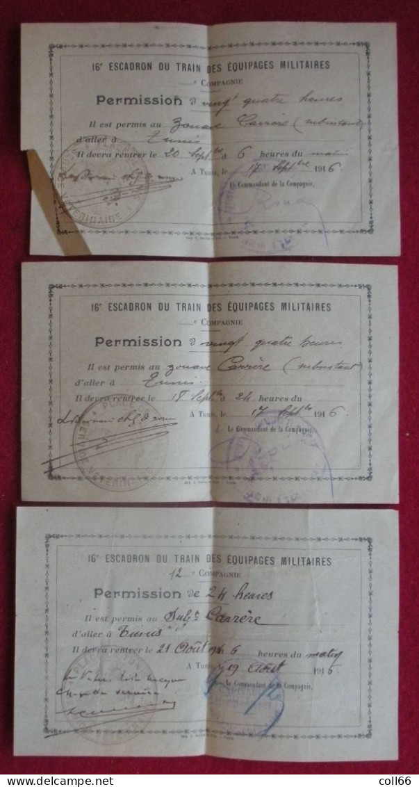 Ww1 Tunis 1916 Lot 3 Permissions De 24 H Au Zouave Carrère 16°Escadron Du Train Des équipages Militaires - 1914-18