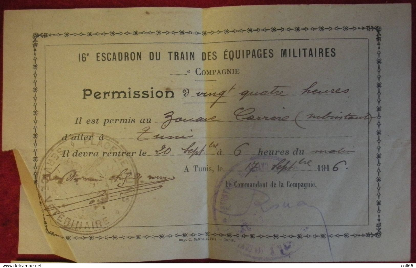 Ww1 Tunis 1916 Lot 3 Permissions De 24 H Au Zouave Carrère 16°Escadron Du Train Des équipages Militaires - 1914-18