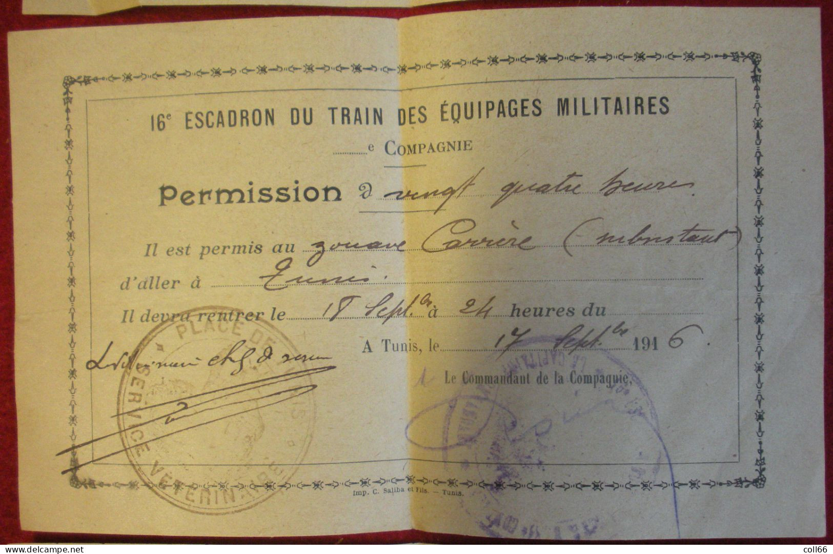 Ww1 Tunis 1916 Lot 3 Permissions De 24 H Au Zouave Carrère 16°Escadron Du Train Des équipages Militaires - 1914-18