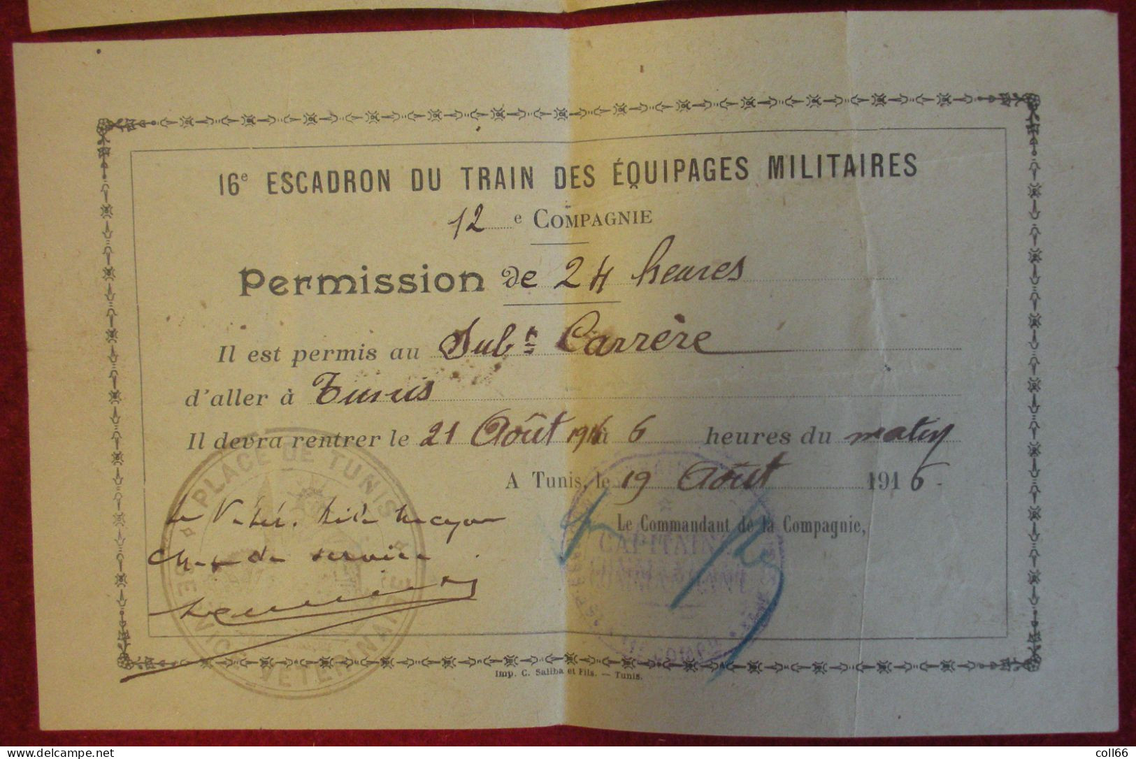 Ww1 Tunis 1916 Lot 3 Permissions De 24 H Au Zouave Carrère 16°Escadron Du Train Des équipages Militaires - 1914-18