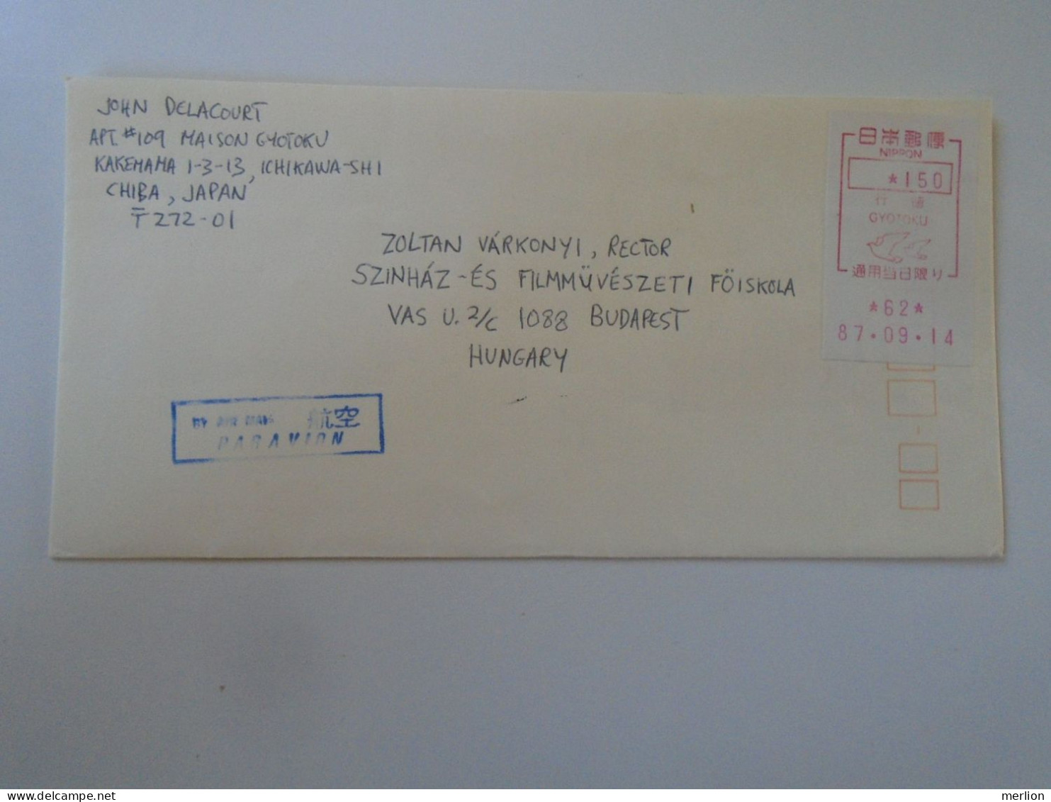 D198145   JAPAN  - Airmail Cover 1987 Chiba - Gyotoku - EMA Red Meter - John Delacourt -     Sent To Hungary - Storia Postale