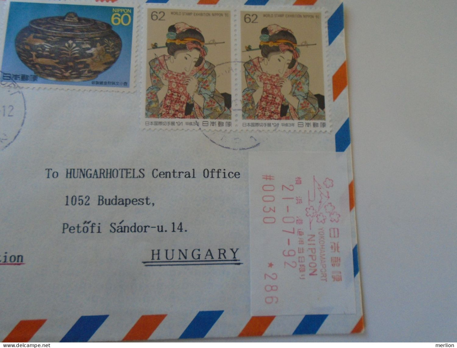 D198146 JAPAN -Registered  Airmail Cover 1992 Yokohamaport Uprated With EMA Red Meter Label - Sent To Hungary - Lettres & Documents