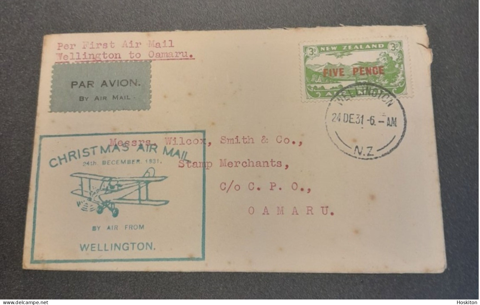 1931-24 Dec Special Christmas Survey Flights Cat 62k Wellington-Oamaru - Lettres & Documents