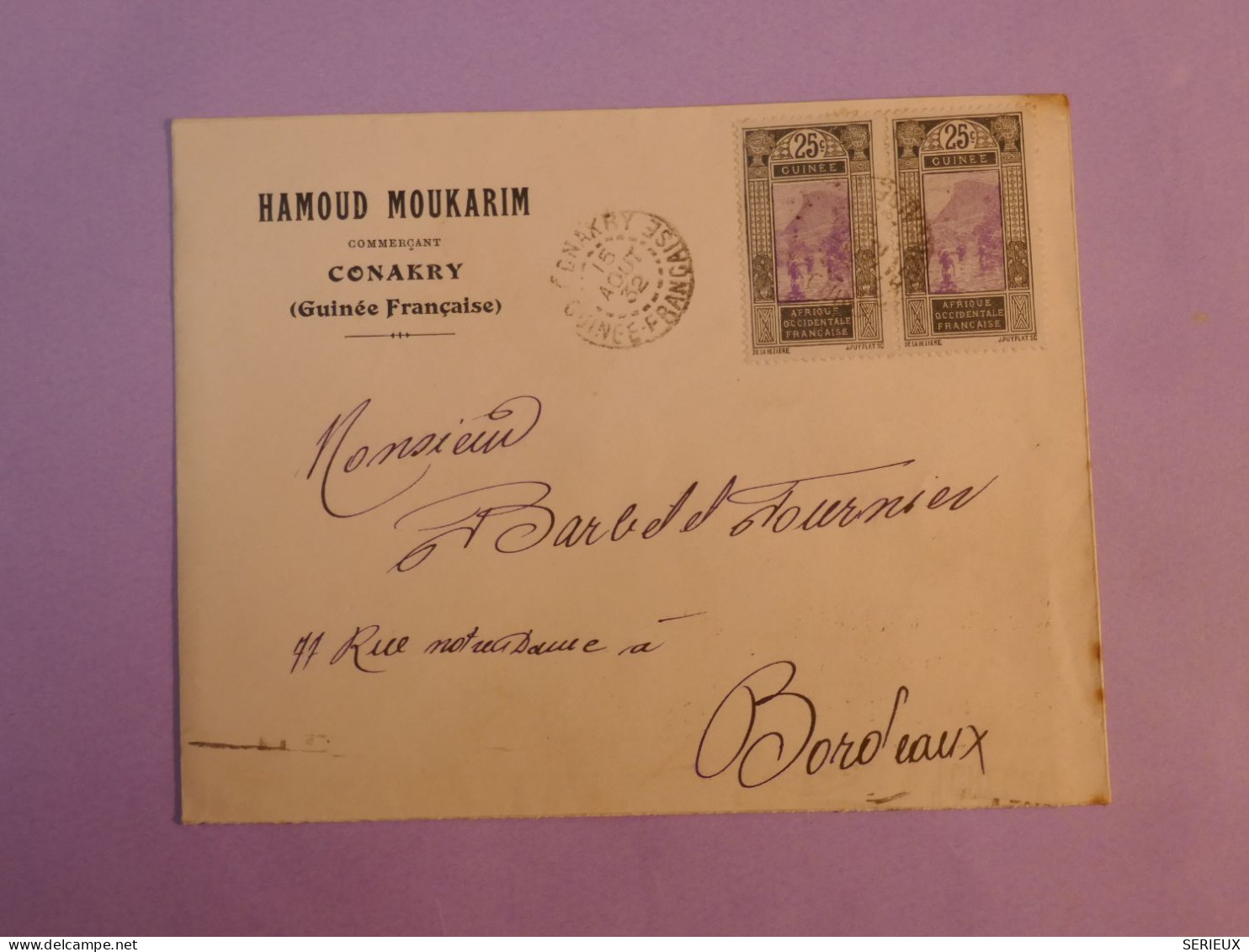 DB4 AEF   BELLE LETTRE RECOM. 1932 CONAKRY A BORDEAUX  +PAIRE DE TP +AFF. INTERESSANT++ - Covers & Documents