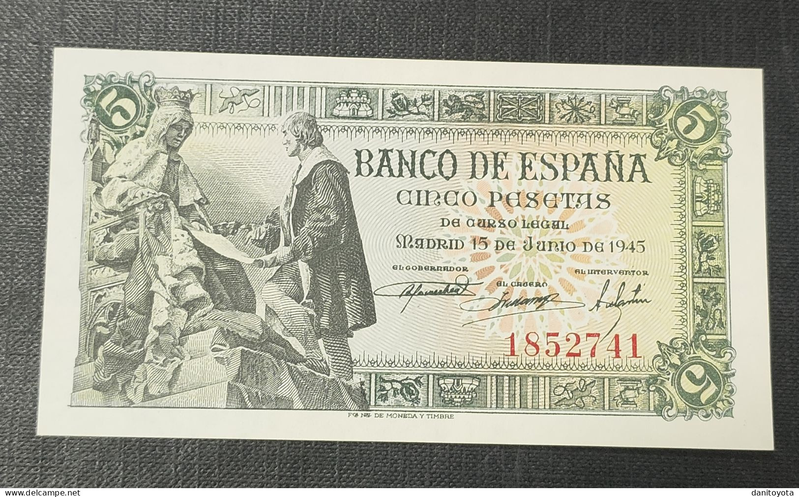 ESPAÑA. EDIFIL 449.  5 PTAS 15 DE JUNIO DE 1945 SIN SERIE, CONSERVACIÓN EBC. - 5 Pesetas