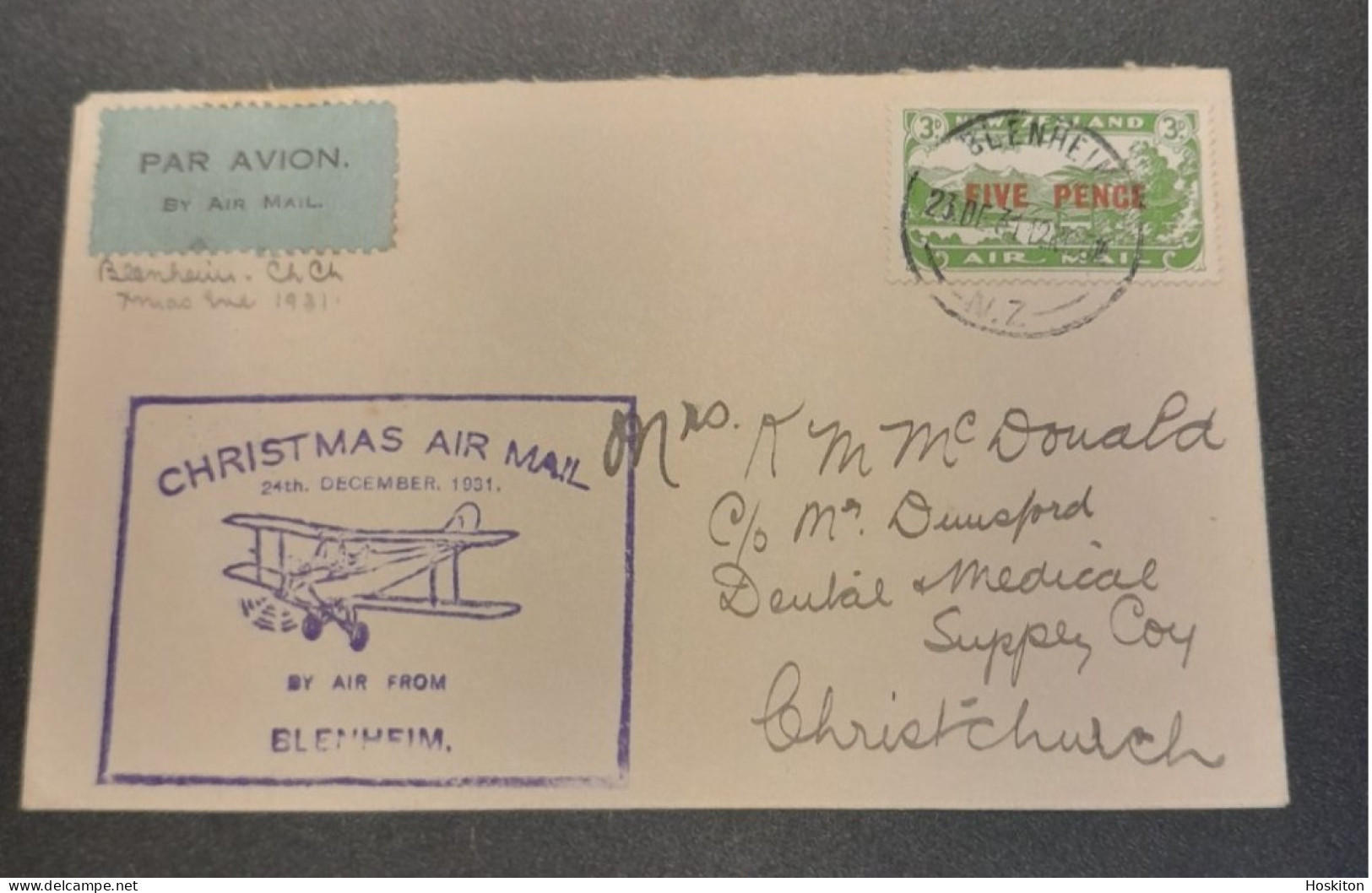 1931-24 Dec Special Christmas Survey Flights Cat 62n Blenheim - Christchurch - Brieven En Documenten