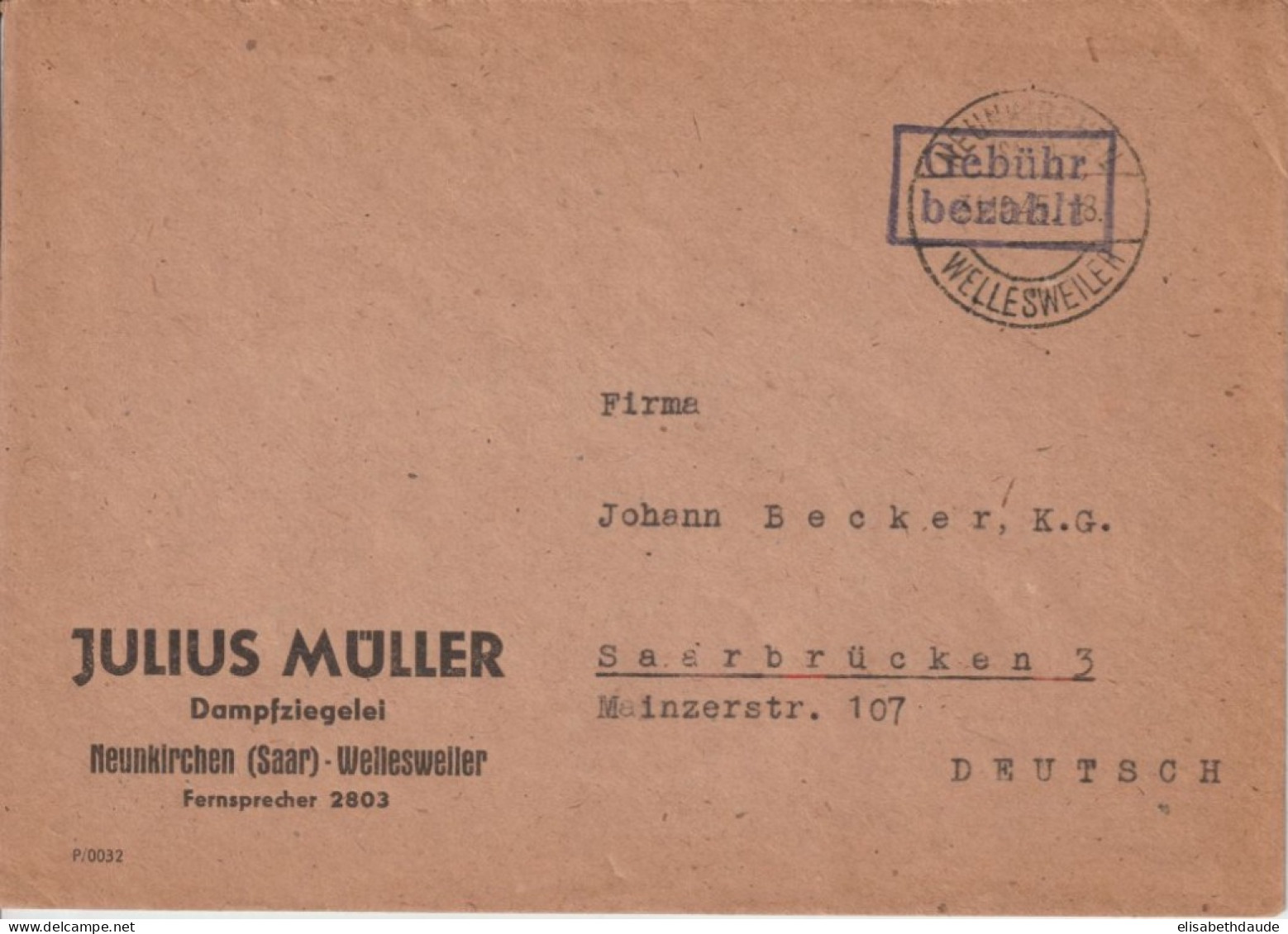 SARRE / SAAR - 1945 - GEBÜHR BEZAHLT !  - ENVELOPPE De NEUNKIRCHEN => SAARBRÜCKEN - Storia Postale