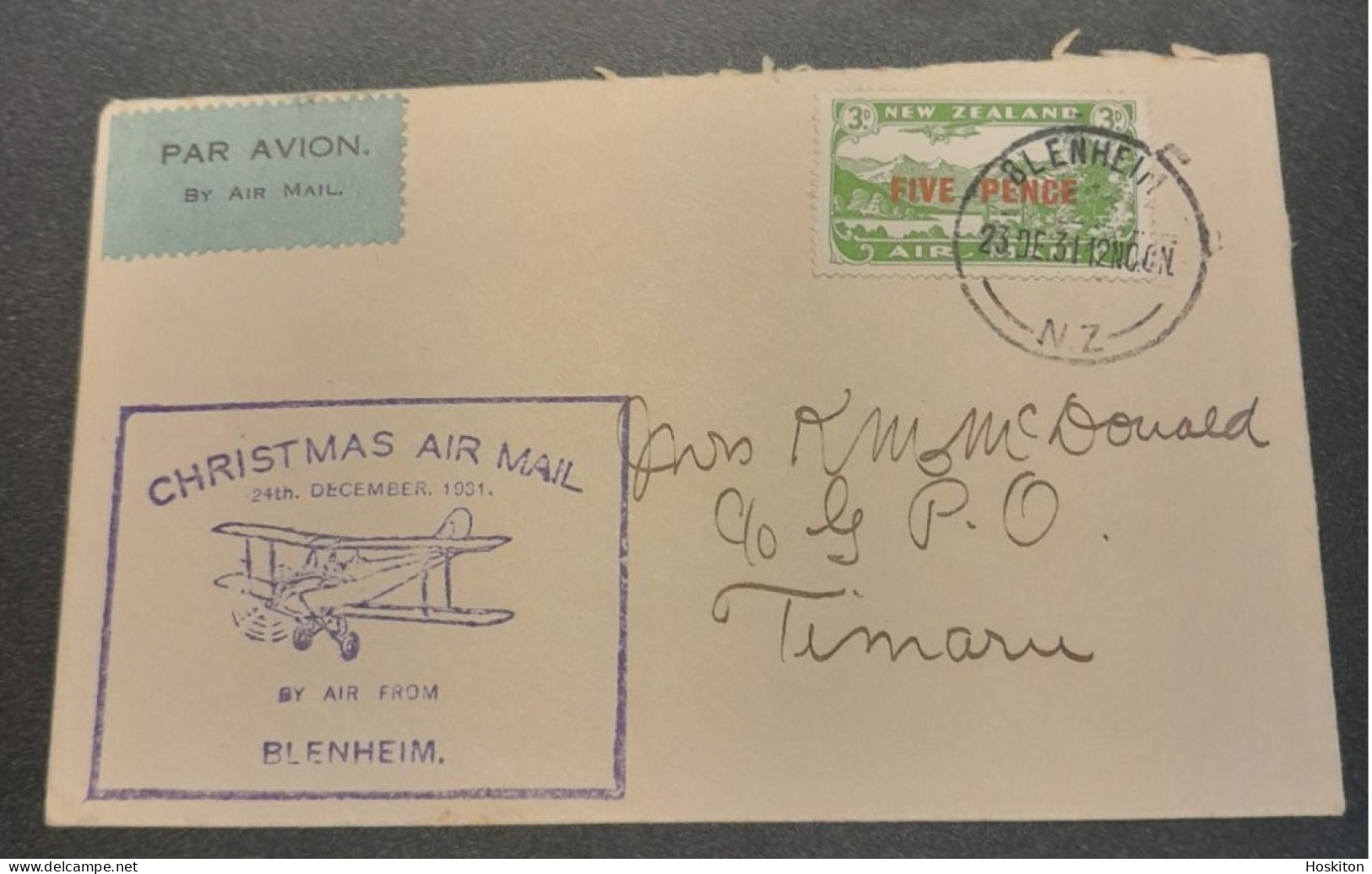 1931-Dec 24 Special Christmas Survey Flights Cat 62o Blenheim-Timaru - Lettres & Documents