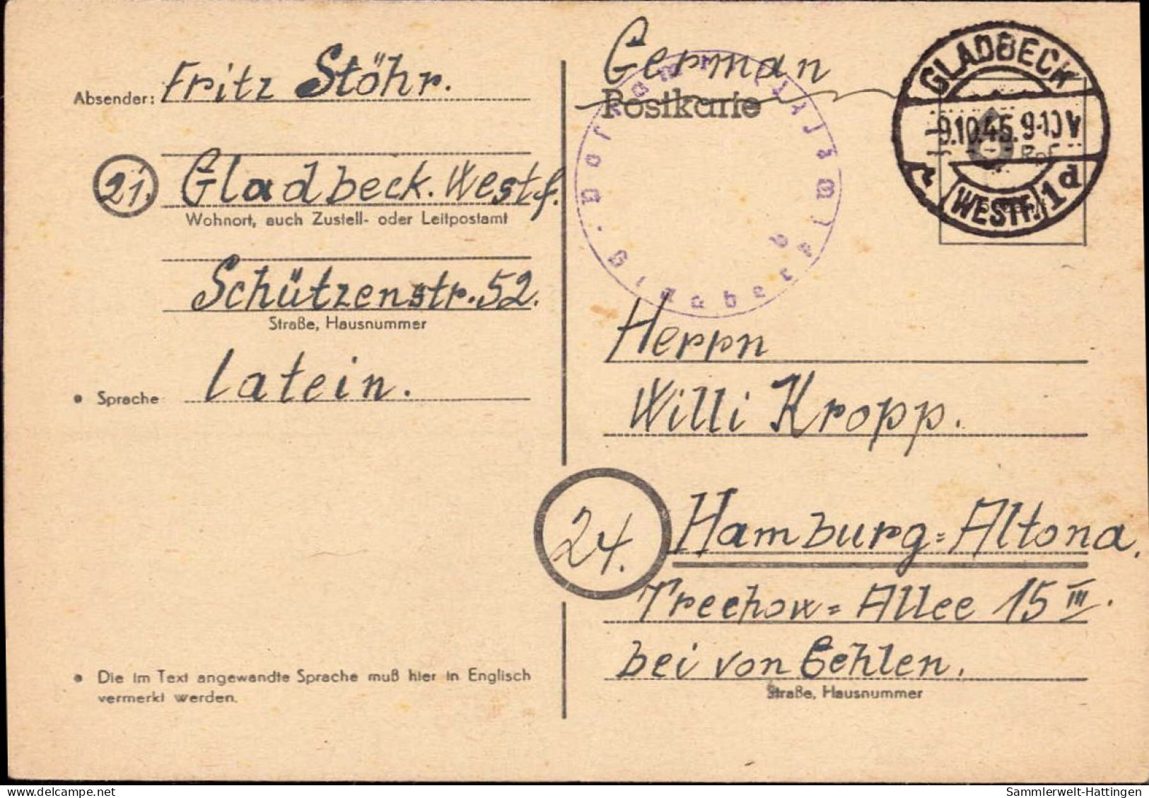 602219 | 1945, Ganzsache Der Britischen Zone Mit Postamtssiegel  | Gladbeck (W - 4390), -, - - OC38/54 Belgische Besetzung In Deutschland