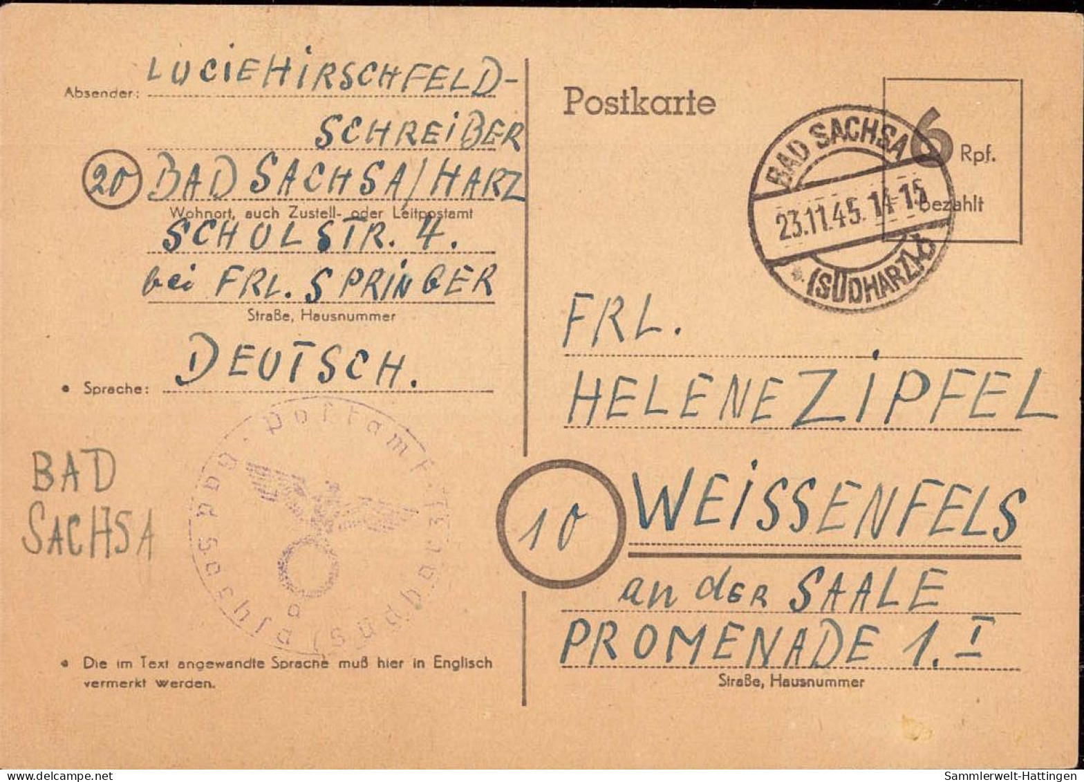 602218 | 1945, Ganzsache Der Britischen Zone Mit Postamtssiegel | Bad Sachsa (W 3423) - OC38/54 Belgische Besetzung In Deutschland