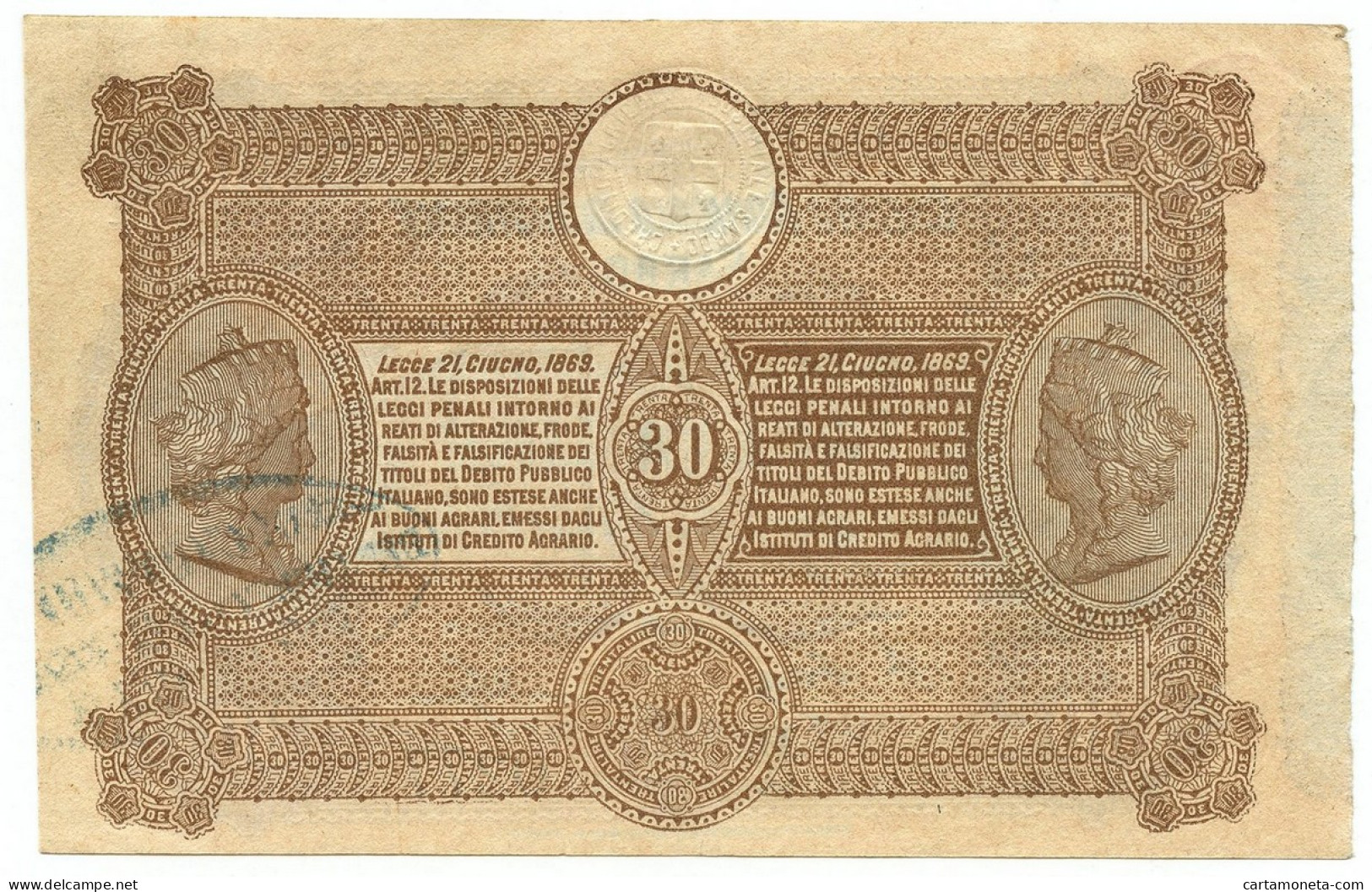 30 LIRE CREDITO AGRICOLO INDUSTRIALE SARDO 01/03/1874 SUP- - Autres & Non Classés