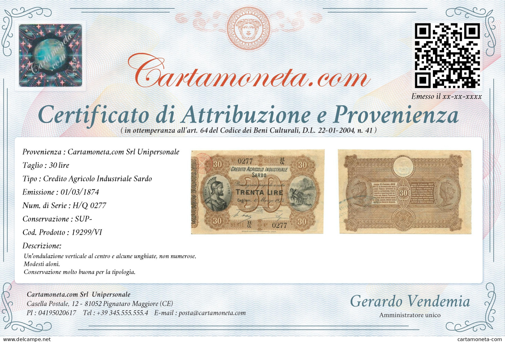 30 LIRE CREDITO AGRICOLO INDUSTRIALE SARDO 01/03/1874 SUP- - Other & Unclassified