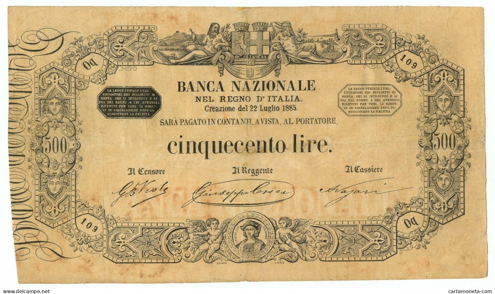 500 LIRE BANCA NAZIONALE NEL REGNO D'ITALIA 22/07/1885 MB/BB - Sonstige & Ohne Zuordnung