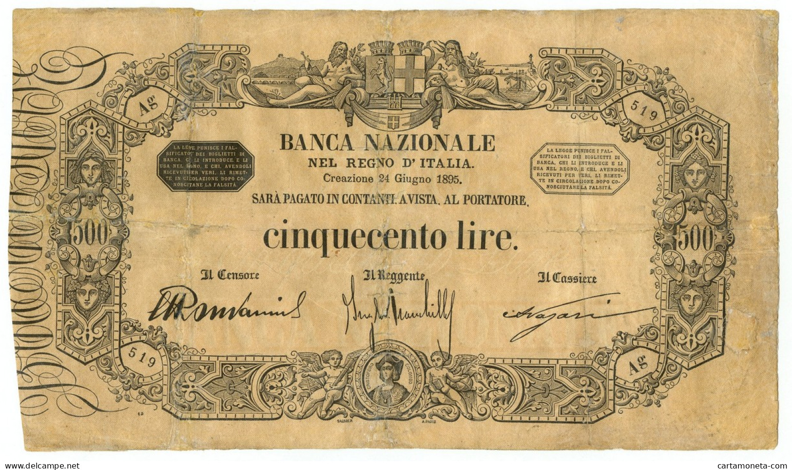 500 LIRE BANCA NAZIONALE NEL REGNO D'ITALIA GIÀ B. D'ITALIA 24/06/1895 MB/BB - Otros & Sin Clasificación