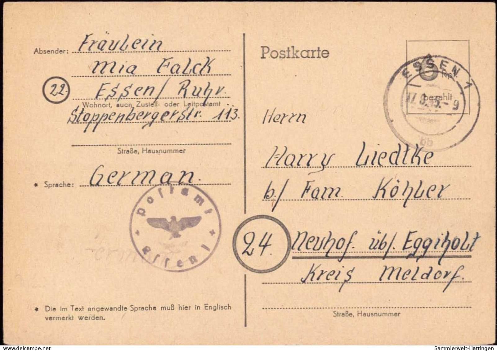 602227 | 1945, Ganzsache Der Britischen Zone Mit Postamtssiegel  | Essen (W - 4300), -, - - OC38/54 Occupation Belge En Allemagne