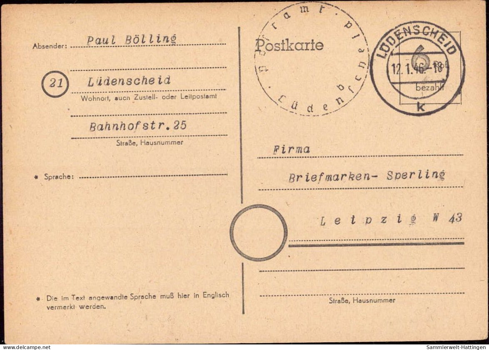 602221 | 1945, Ganzsache Der Britischen Zone Mit Postamtssiegel  | Lüdenscheid (W - 5880), -, - - OC38/54 Belgische Besetzung In Deutschland