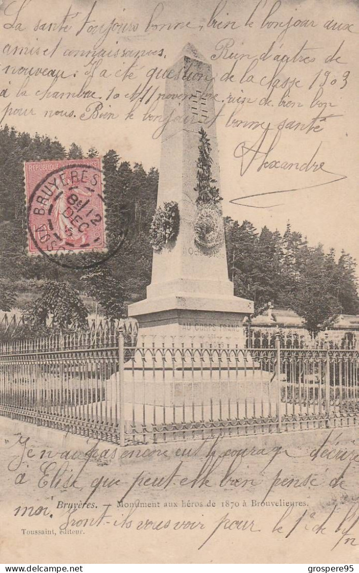 BRUYERES BROUVELIEURES MONUMENT AUX HEROS DE 1870 RARE 1906 - Brouvelieures