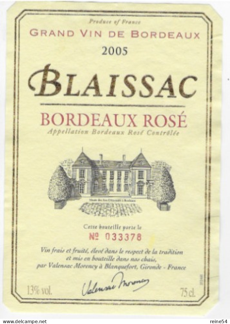 Etiquette De Vin Nouvelle Aquitaine - BORDEAUX ROSE 2005 Blaissac Valensac Morency 33 Blanquefort - Pink Wines